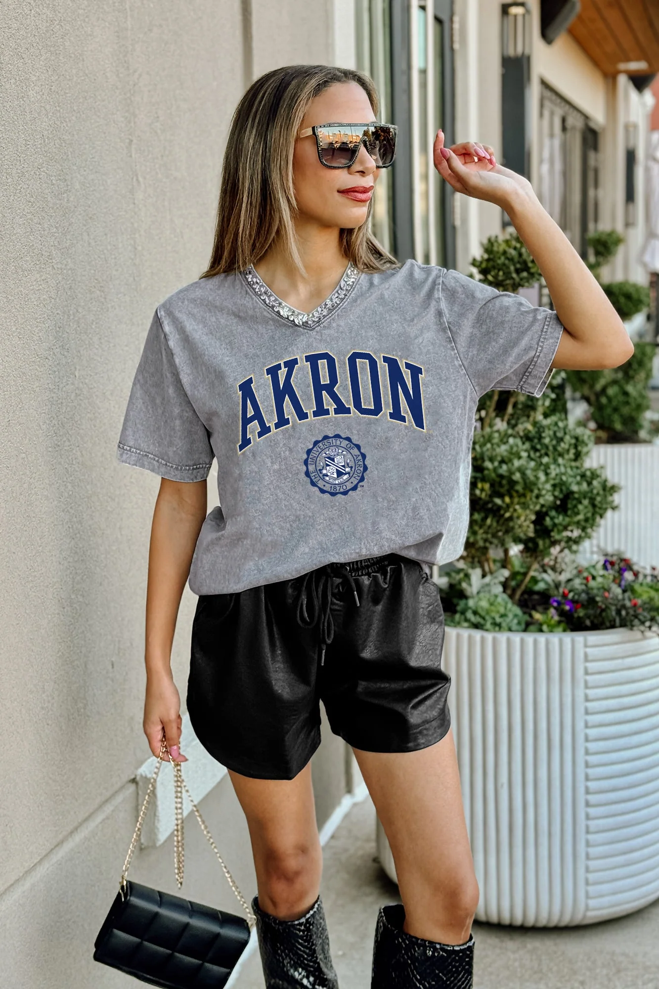 AKRON ZIPS ICONIC EDGE RHINESTONE TRIM V-NECK TEE