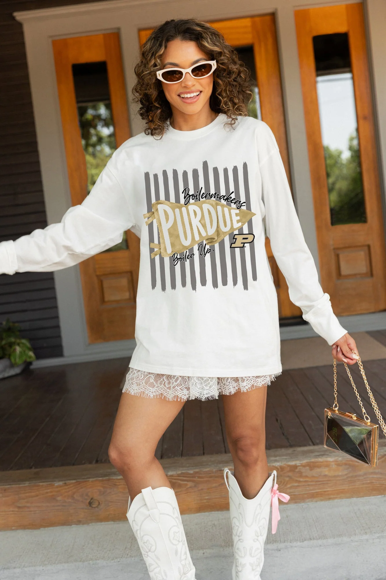 PURDUE BOILERMAKERS RALLY STRIPE ESSENTIAL RELAXED FIT LONG SLEEVE TEE