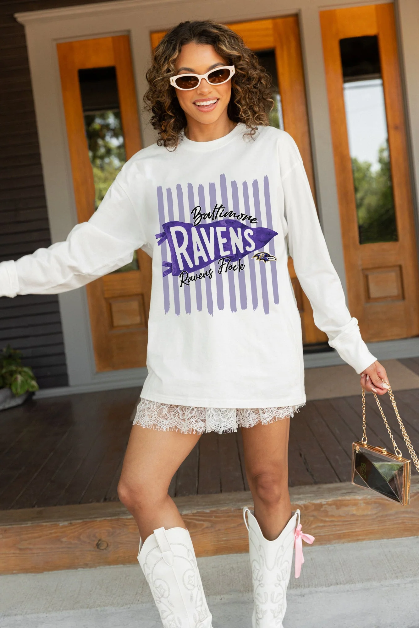 BALTIMORE RAVENS RALLY STRIPE OVERSIZED LONG SLEEVE TEE