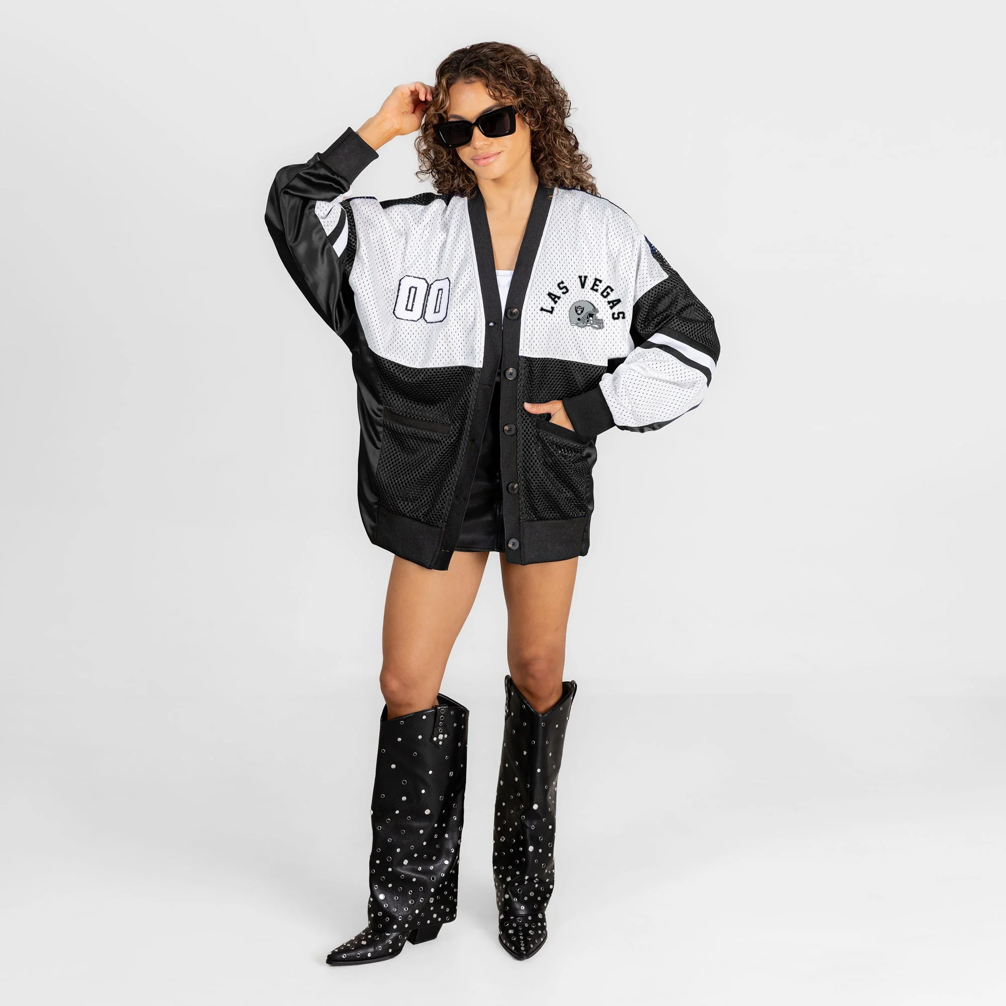 LAS VEGAS RAIDERS MVP ERA CONTRAST MESH CARDIGAN 7 LAS VEGAS RAIDERS MVP ERA CONTRAST MESH CARDIGAN