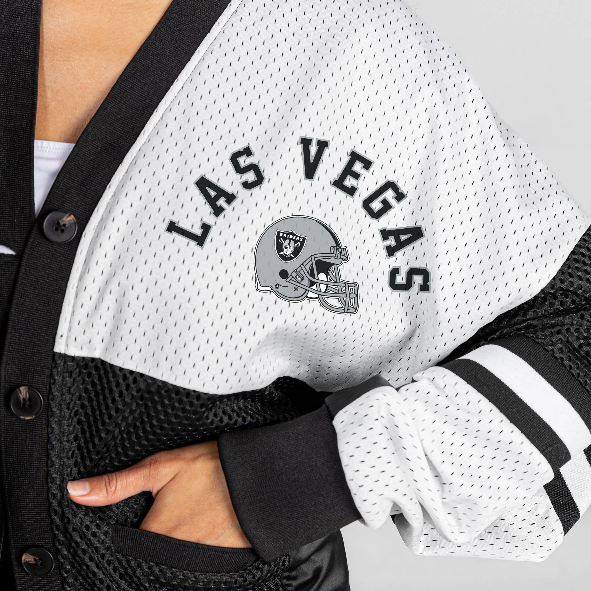 LAS VEGAS RAIDERS MVP ERA CONTRAST MESH CARDIGAN 8 LAS VEGAS RAIDERS MVP ERA CONTRAST MESH CARDIGAN