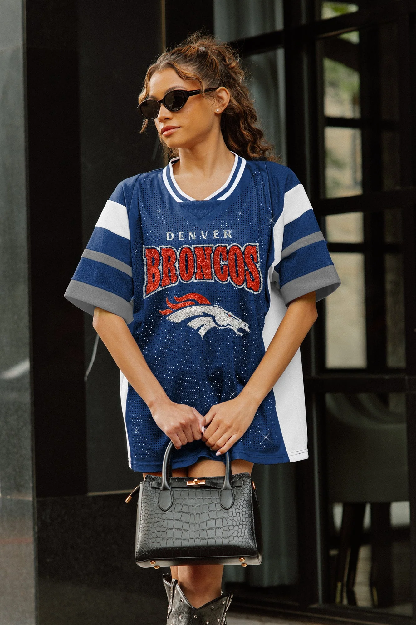 DENVER BRONCOS AMPED UP RHINESTONE FASHION TOP