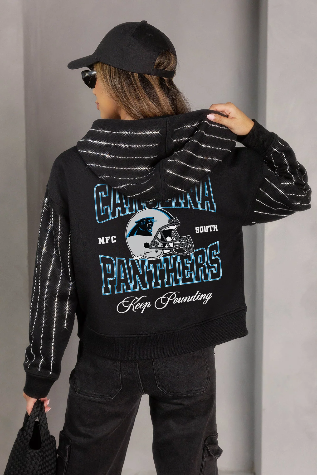 CAROLINA PANTHERS EYES ON THE PRIZE RHINESTUD STRIPE ZIP HOODIE