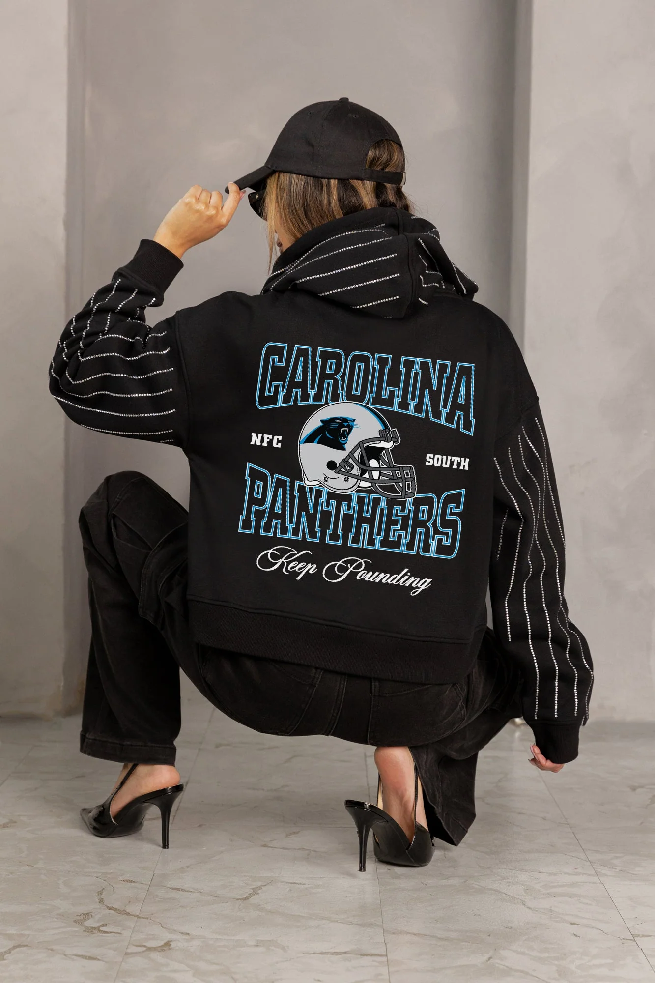 CAROLINA PANTHERS EYES ON THE PRIZE RHINESTUD STRIPE ZIP HOODIE