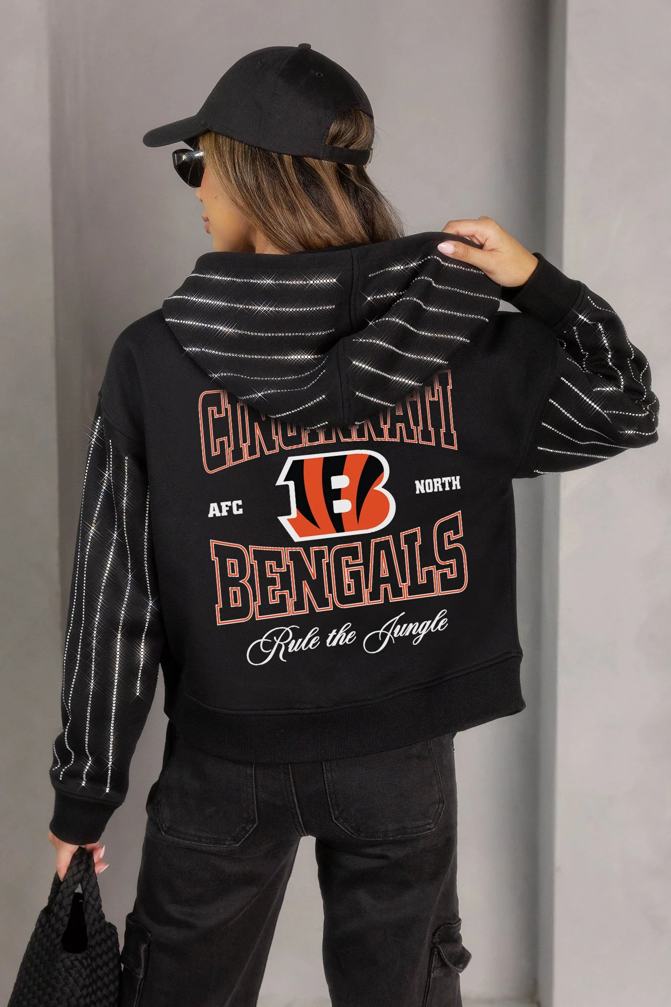 CINCINNATI BENGALS EYES ON THE PRIZE RHINESTUD STRIPE ZIP HOODIE