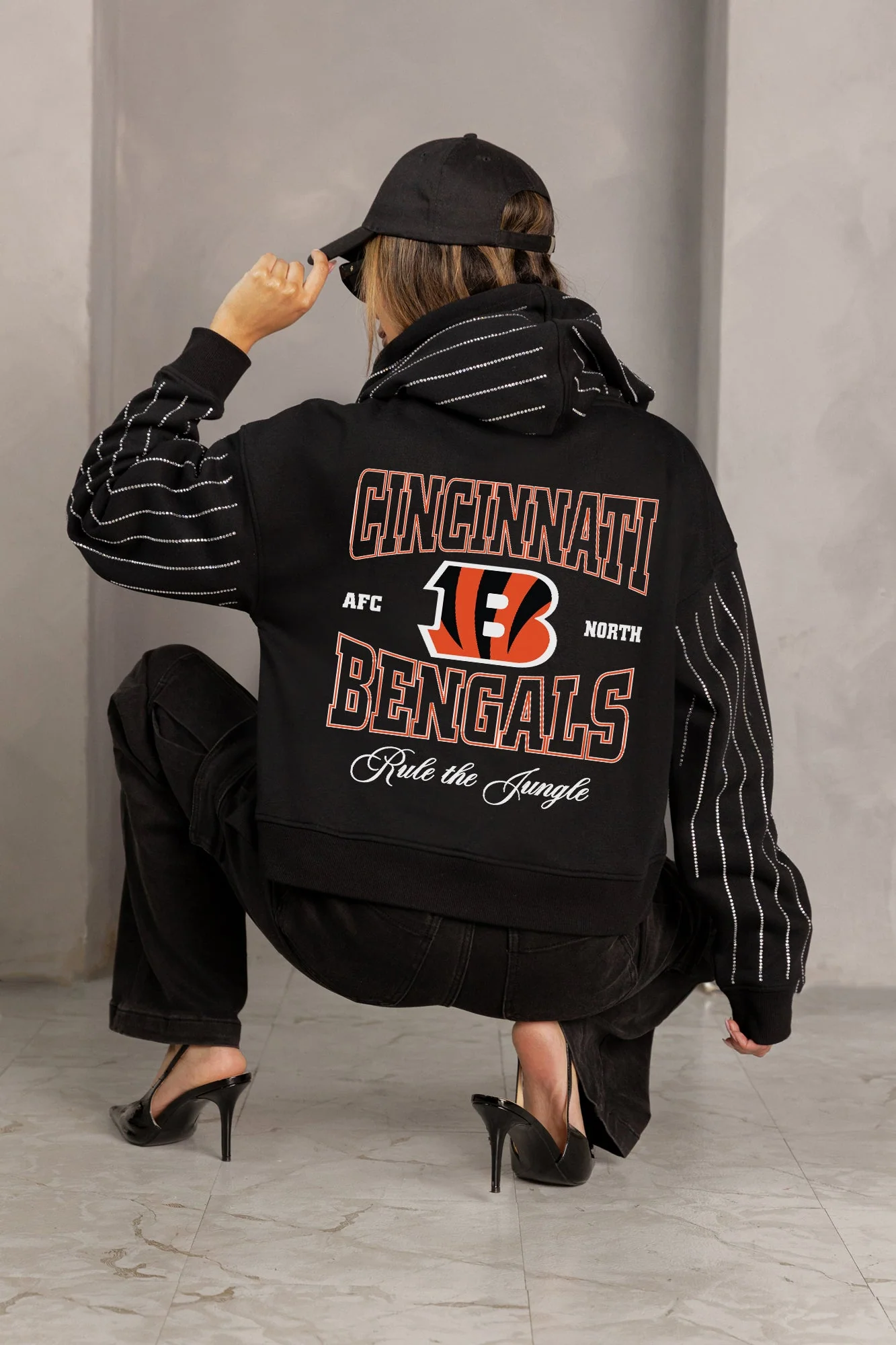 CINCINNATI BENGALS EYES ON THE PRIZE RHINESTUD STRIPE ZIP HOODIE