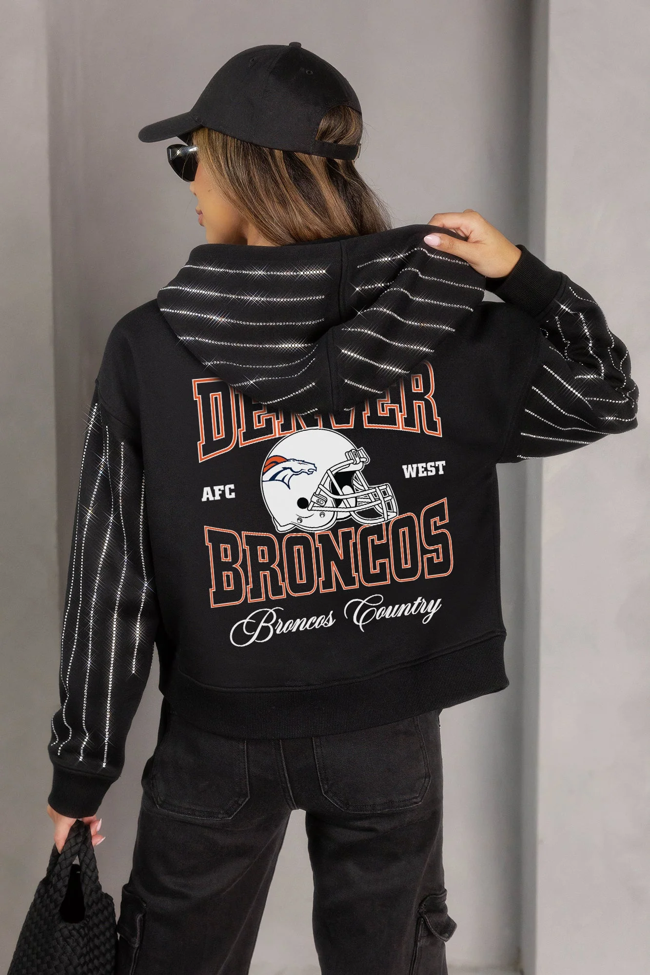 DENVER BRONCOS EYES ON THE PRIZE RHINESTUD STRIPE ZIP HOODIE