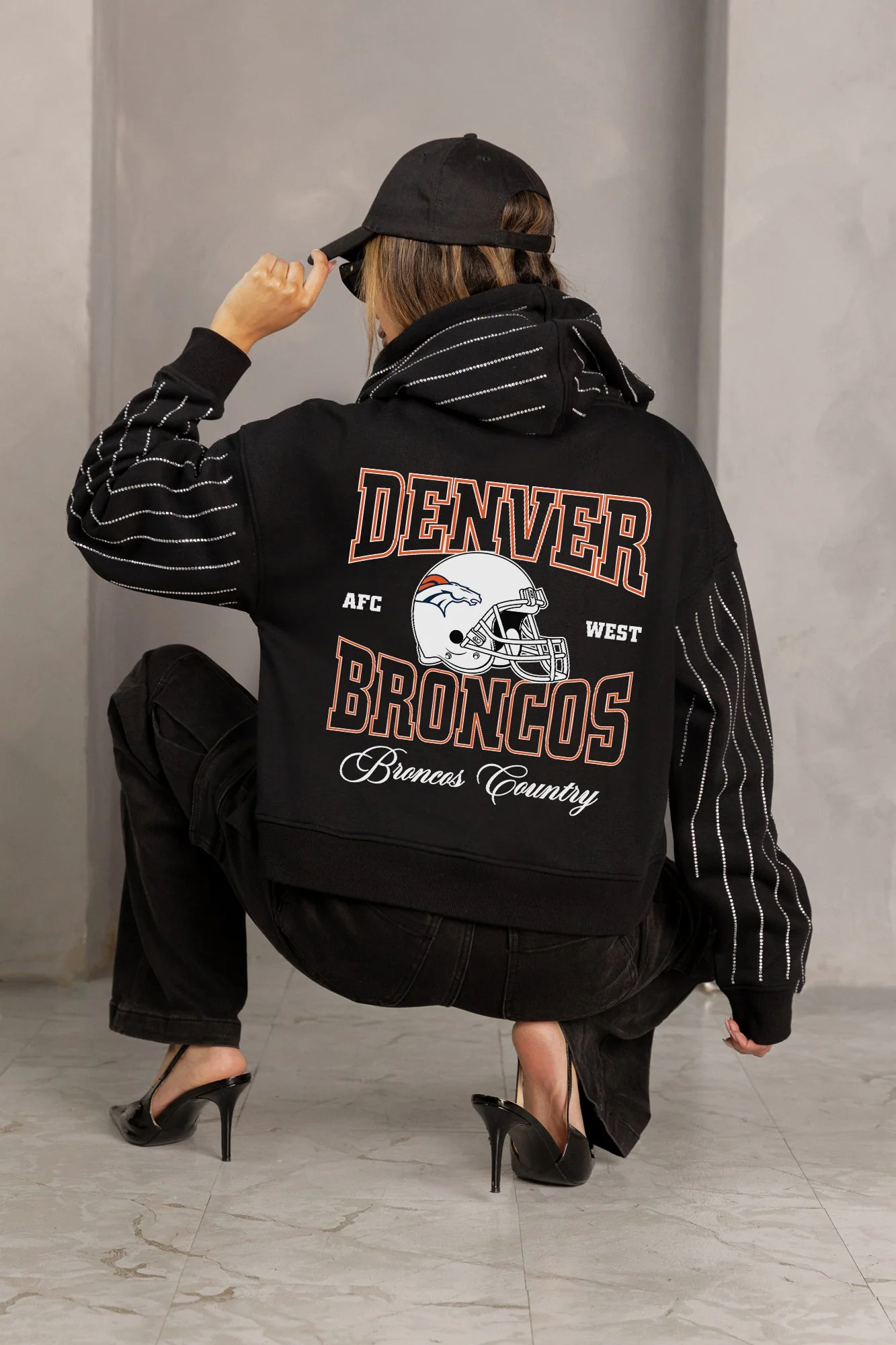 DENVER BRONCOS EYES ON THE PRIZE RHINESTUD STRIPE ZIP HOODIE