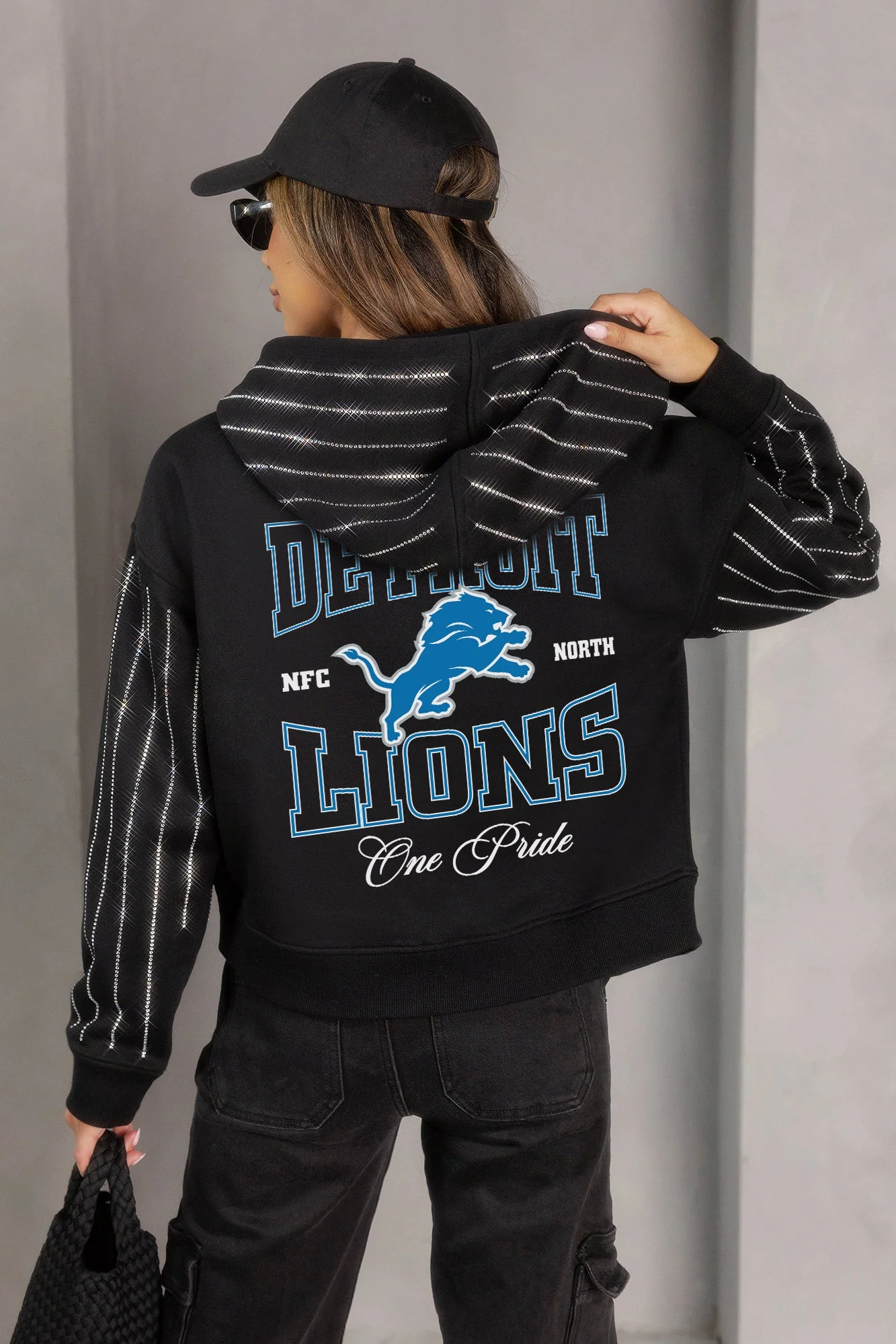 DETROIT LIONS EYES ON THE PRIZE RHINESTUD STRIPE ZIP HOODIE