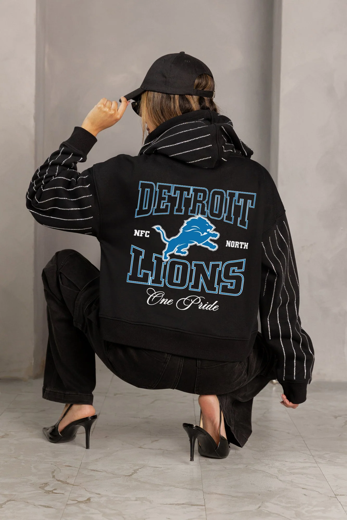 DETROIT LIONS EYES ON THE PRIZE RHINESTUD STRIPE ZIP HOODIE