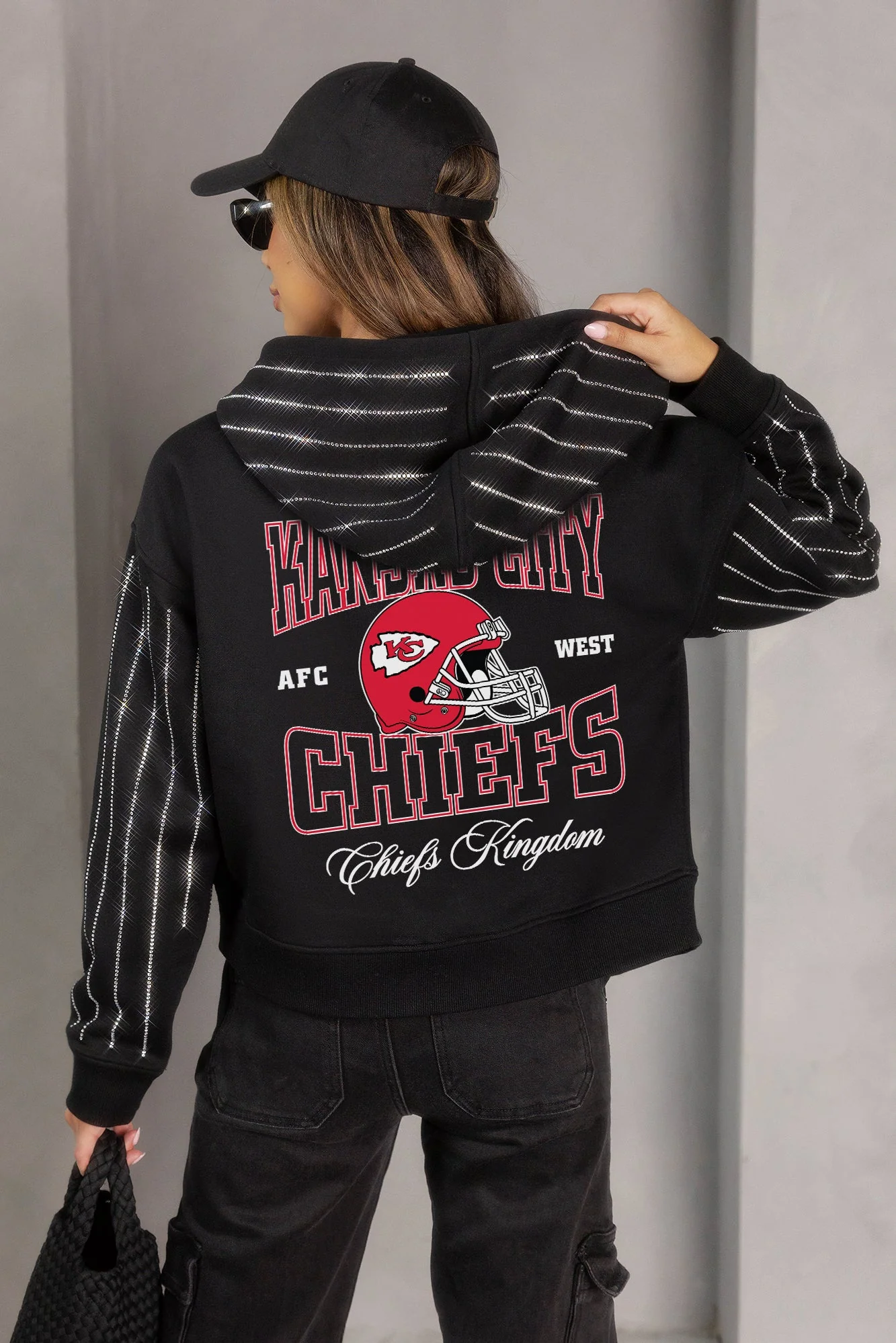KANSAS CITY CHIEFS EYES ON THE PRIZE RHINESTUD STRIPE ZIP HOODIE 1 KANSAS CITY CHIEFS EYES ON THE PRIZE RHINESTUD STRIPE ZIP HOODIE