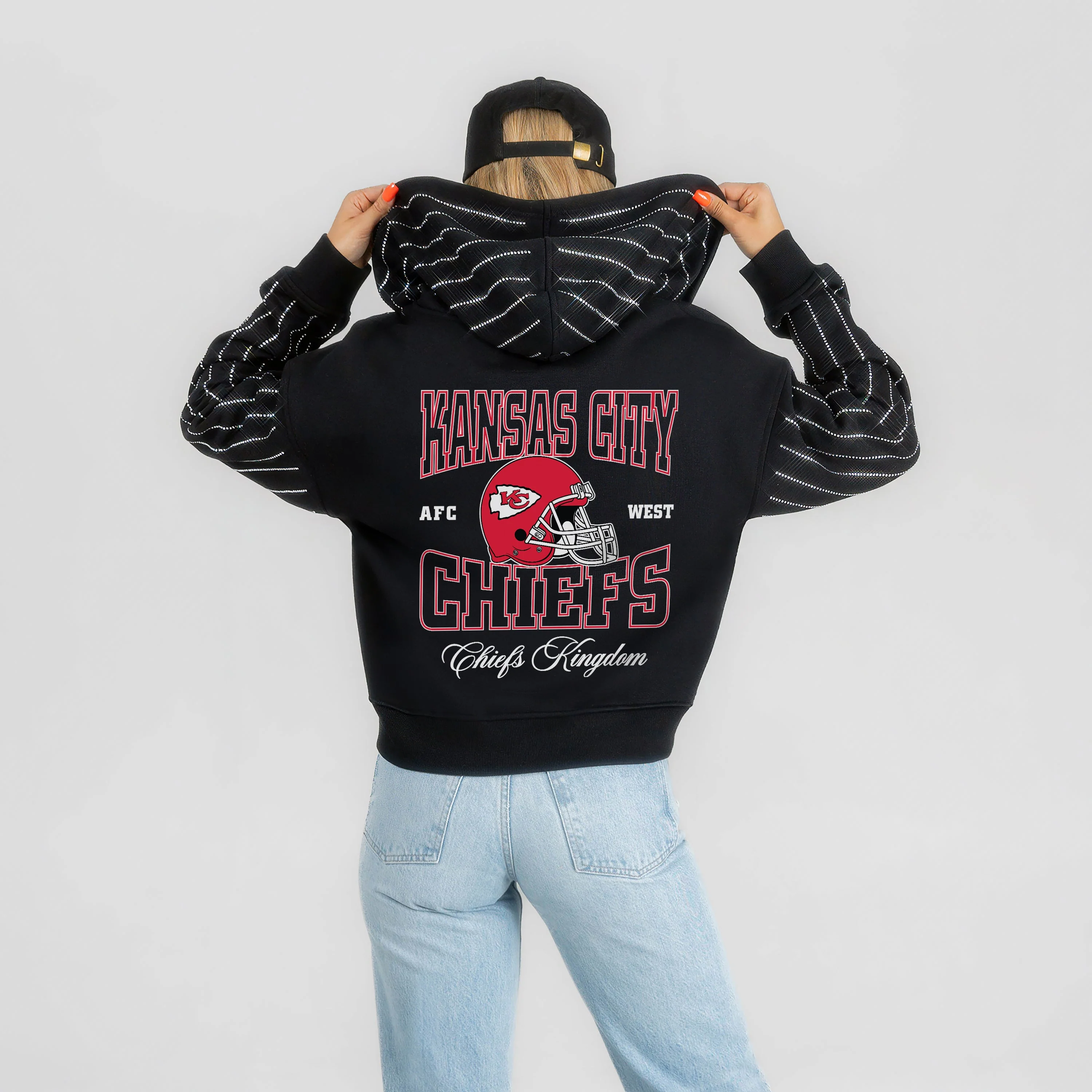 KANSAS CITY CHIEFS EYES ON THE PRIZE RHINESTUD STRIPE ZIP HOODIE 5 KANSAS CITY CHIEFS EYES ON THE PRIZE RHINESTUD STRIPE ZIP HOODIE