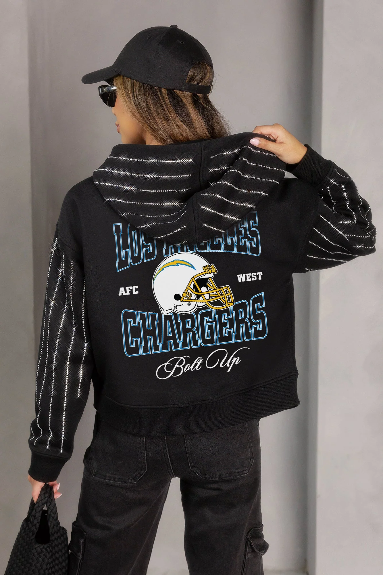 LOS ANGELES CHARGERS EYES ON THE PRIZE RHINESTUD STRIPE ZIP HOODIE 1 LOS ANGELES CHARGERS EYES ON THE PRIZE RHINESTUD STRIPE ZIP HOODIE