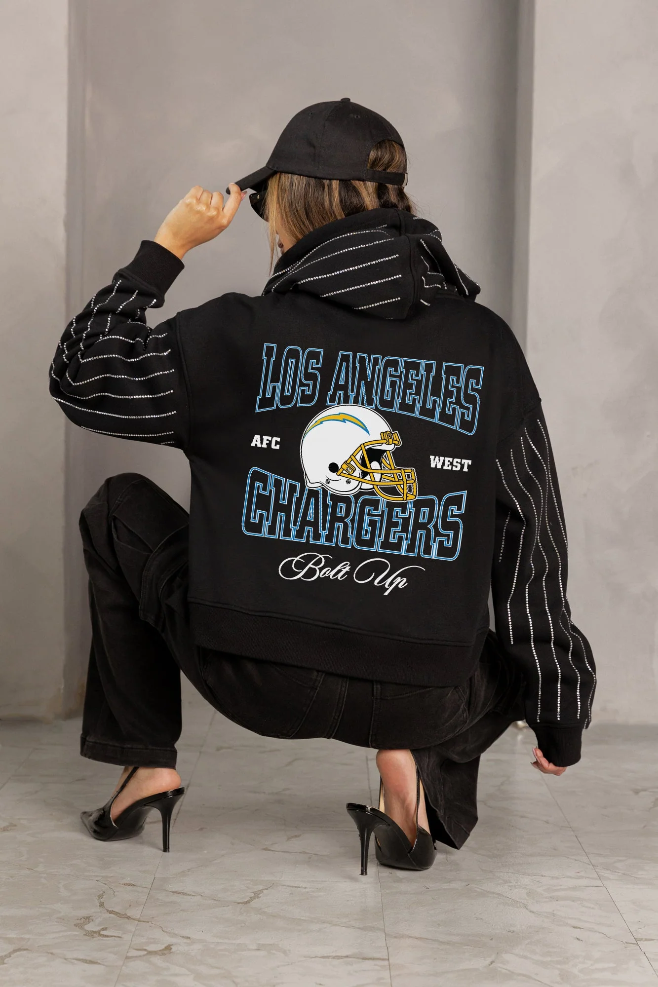 LOS ANGELES CHARGERS EYES ON THE PRIZE RHINESTUD STRIPE ZIP HOODIE 2 LOS ANGELES CHARGERS EYES ON THE PRIZE RHINESTUD STRIPE ZIP HOODIE
