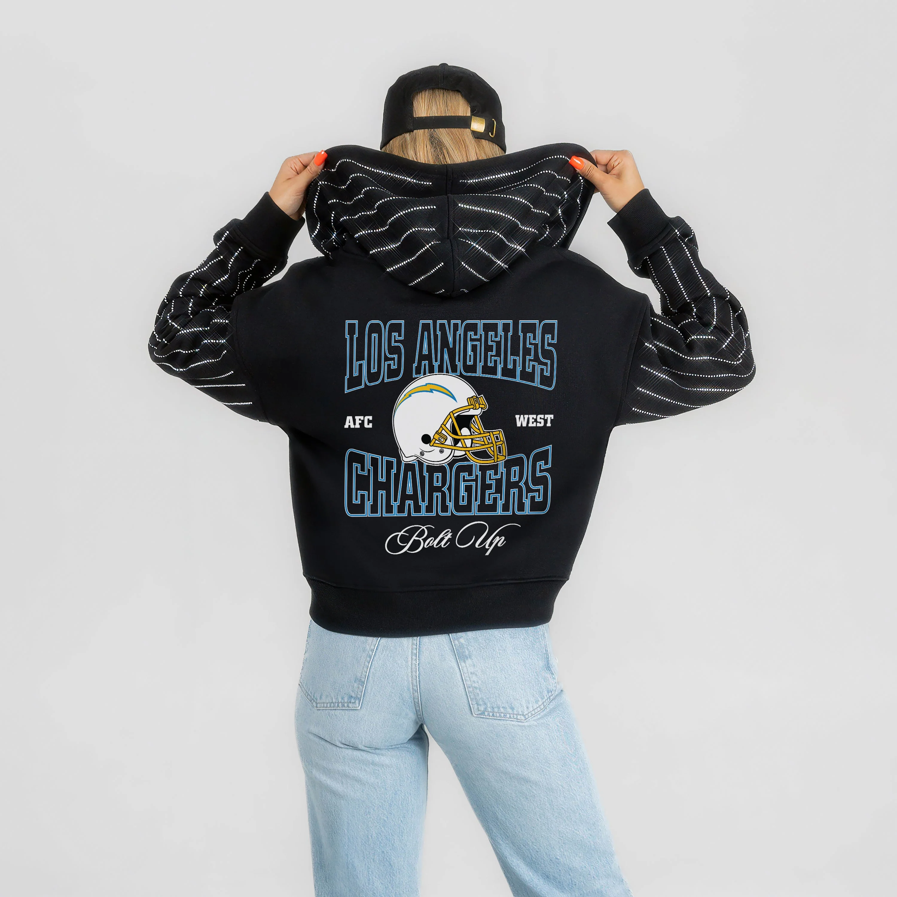 LOS ANGELES CHARGERS EYES ON THE PRIZE RHINESTUD STRIPE ZIP HOODIE 5 LOS ANGELES CHARGERS EYES ON THE PRIZE RHINESTUD STRIPE ZIP HOODIE