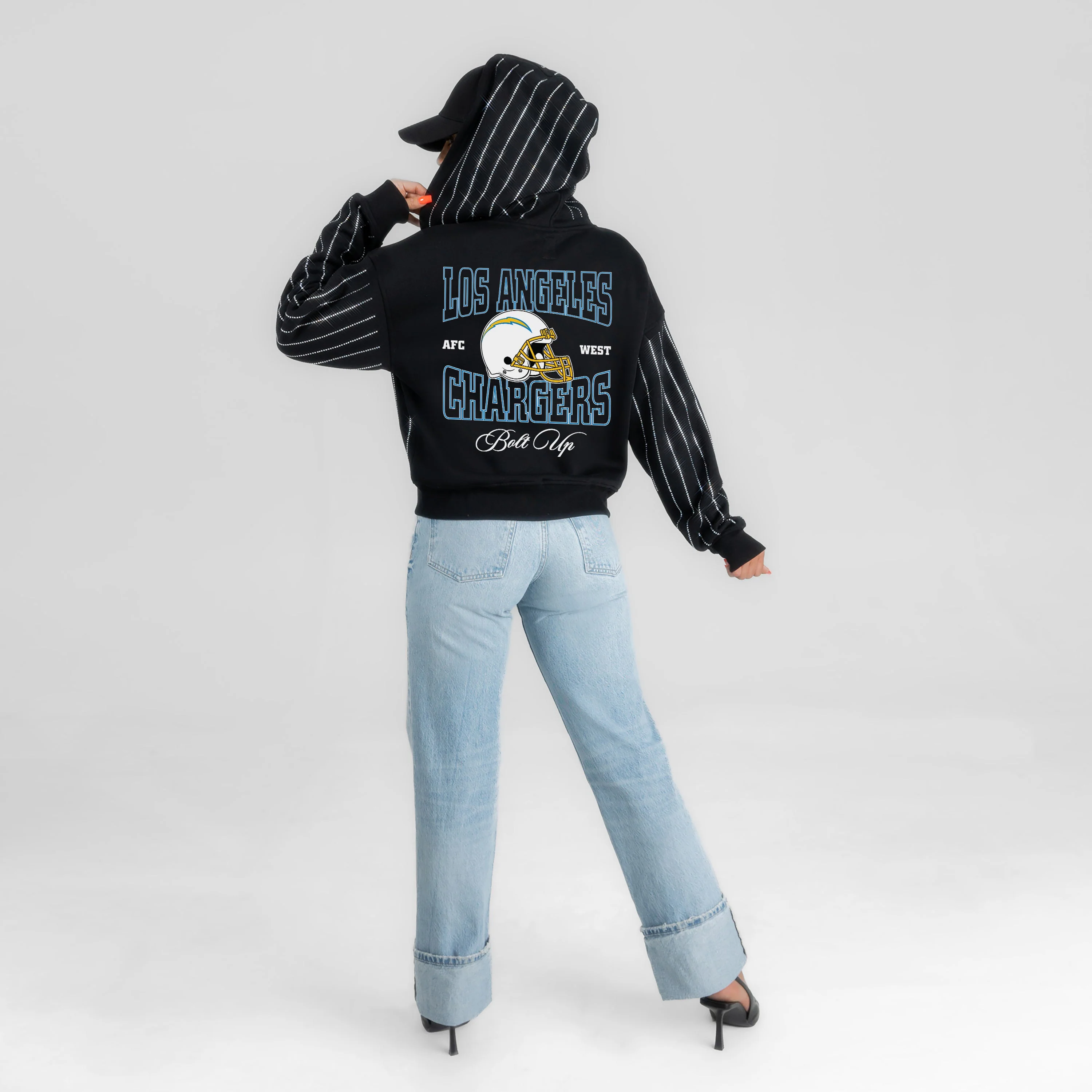 LOS ANGELES CHARGERS EYES ON THE PRIZE RHINESTUD STRIPE ZIP HOODIE 7 LOS ANGELES CHARGERS EYES ON THE PRIZE RHINESTUD STRIPE ZIP HOODIE