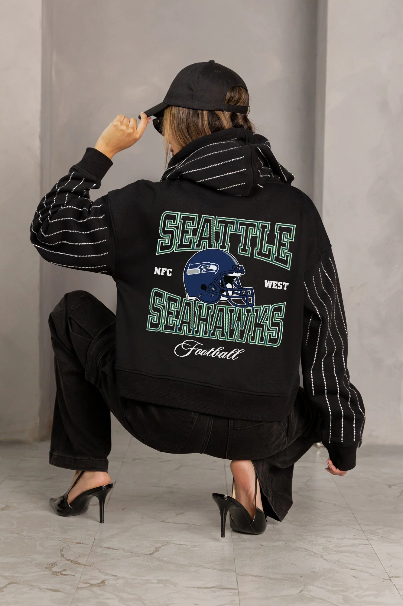 SEATTLE SEAHAWKS EYES ON THE PRIZE RHINESTUD STRIPE ZIP HOODIE