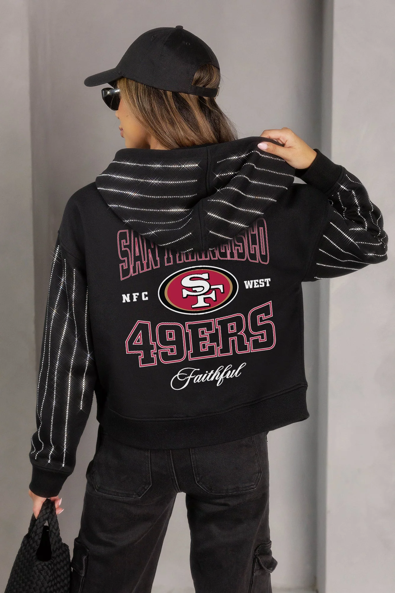 SAN FRANCISCO 49ERS EYES ON THE PRIZE RHINESTUD STRIPE ZIP HOODIE