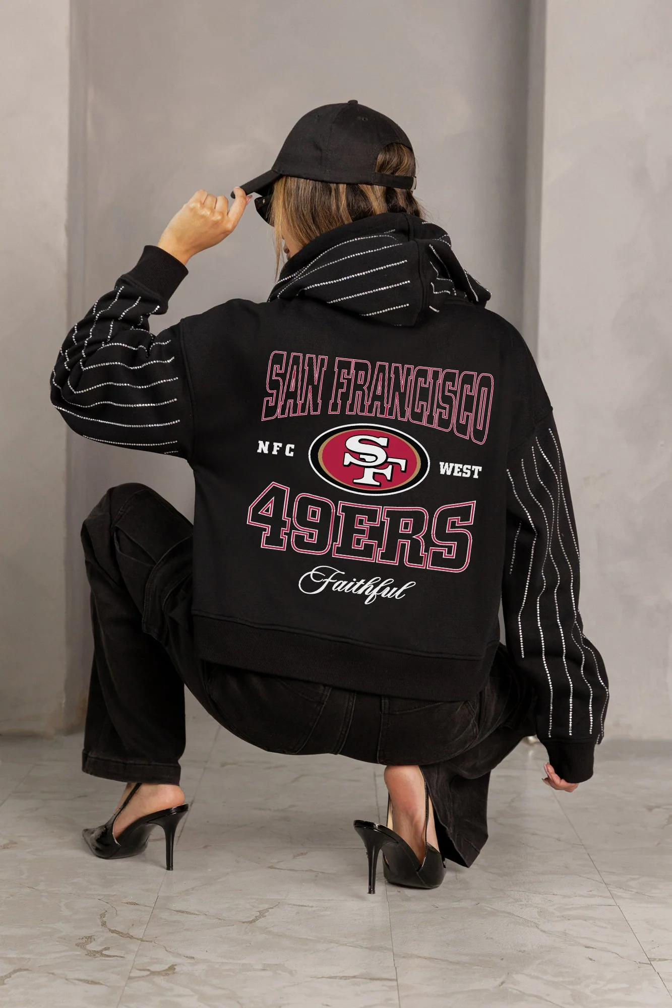 SAN FRANCISCO 49ERS EYES ON THE PRIZE RHINESTUD STRIPE ZIP HOODIE