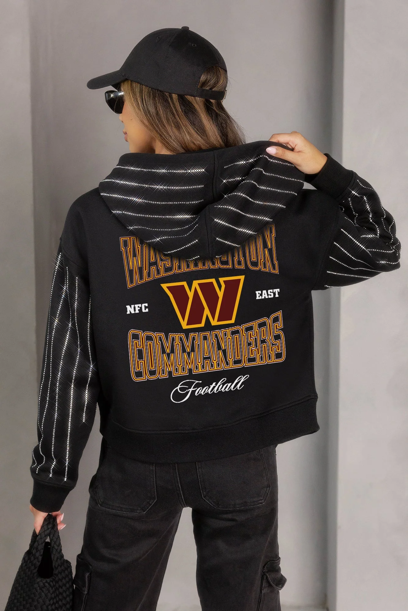 WASHINGTON COMMANDERS EYES ON THE PRIZE RHINESTUD STRIPE ZIP HOODIE