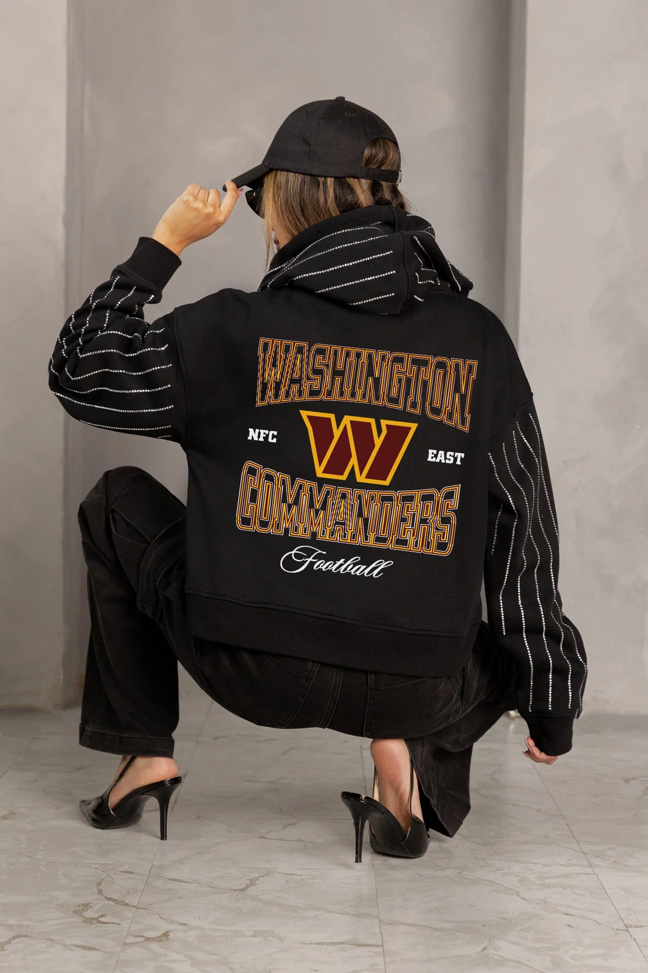 WASHINGTON COMMANDERS EYES ON THE PRIZE RHINESTUD STRIPE ZIP HOODIE
