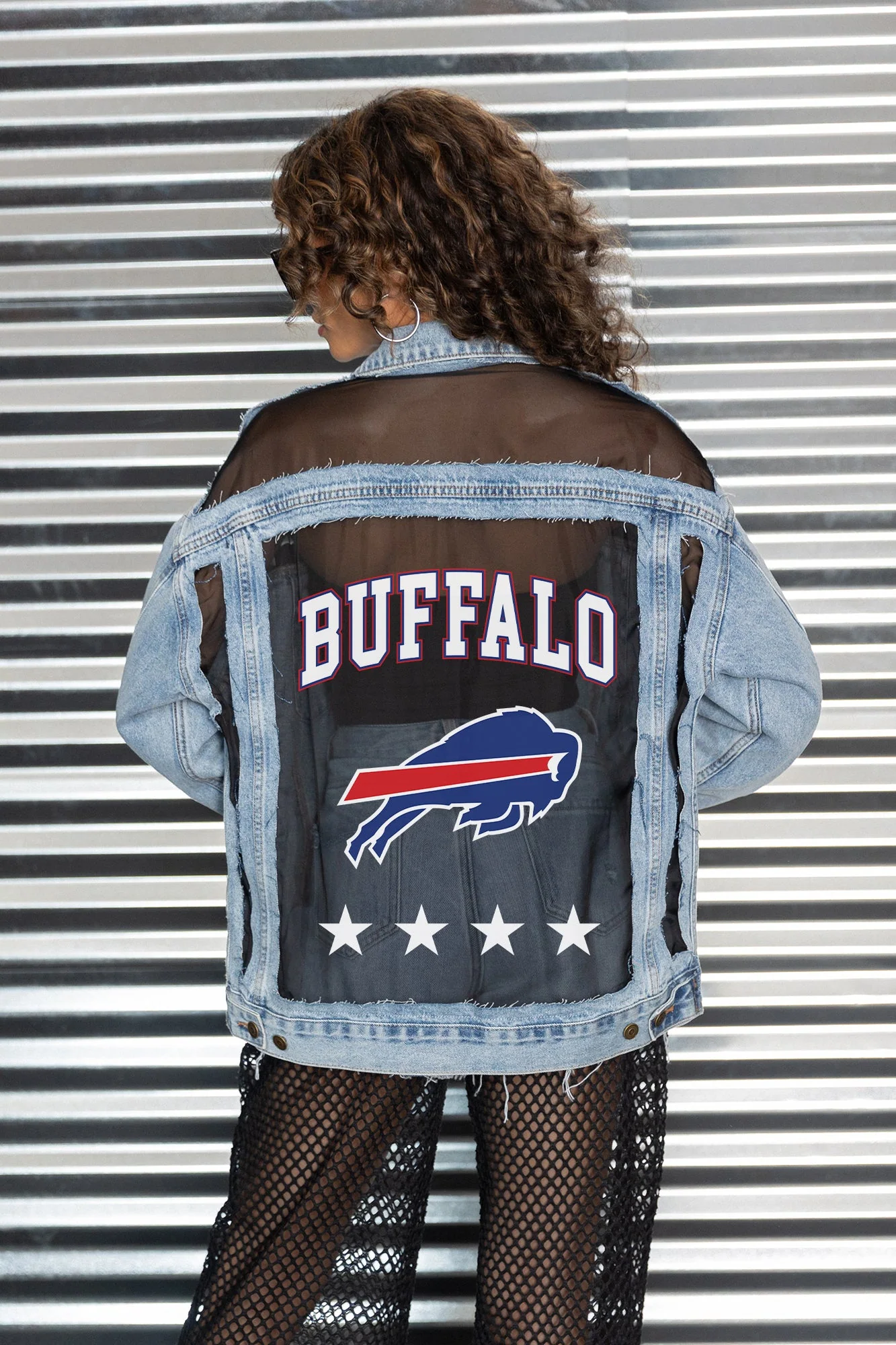 BUFFALO BILLS RULE BREAKER DISTRESSED MESH DENIM JACKET 3 BUFFALO BILLS RULE BREAKER DISTRESSED MESH DENIM JACKET