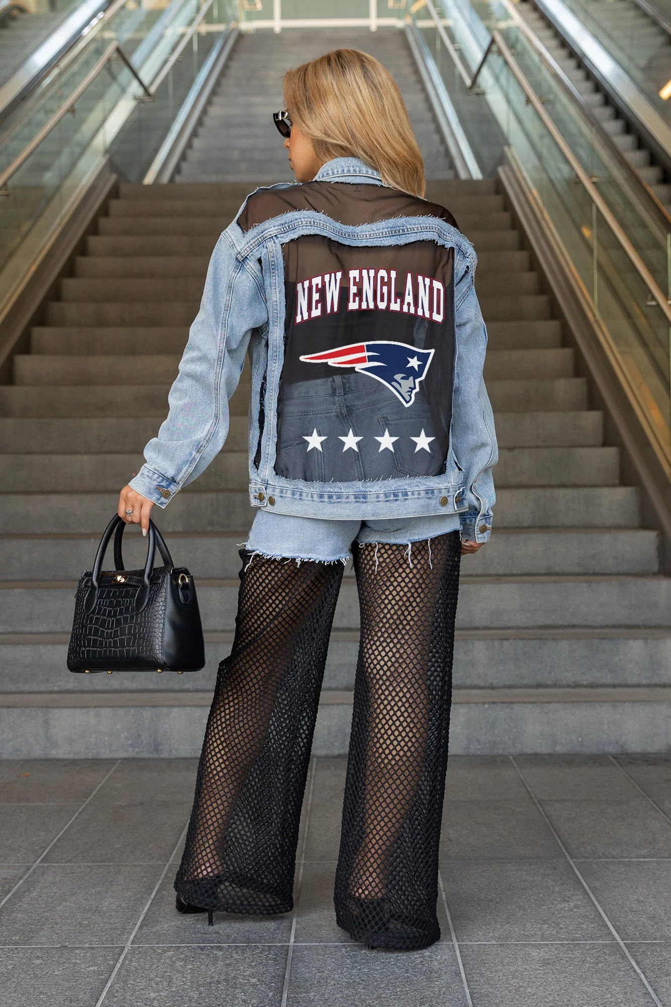 NEW ENGLAND PATRIOTS RULE BREAKER DISTRESSED MESH DENIM JACKET 1 NEW ENGLAND PATRIOTS RULE BREAKER DISTRESSED MESH DENIM JACKET
