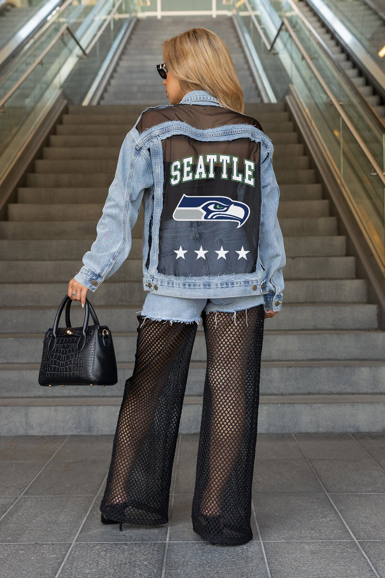 SEATTLE SEAHAWKS RULE BREAKER DISTRESSED MESH DENIM JACKET