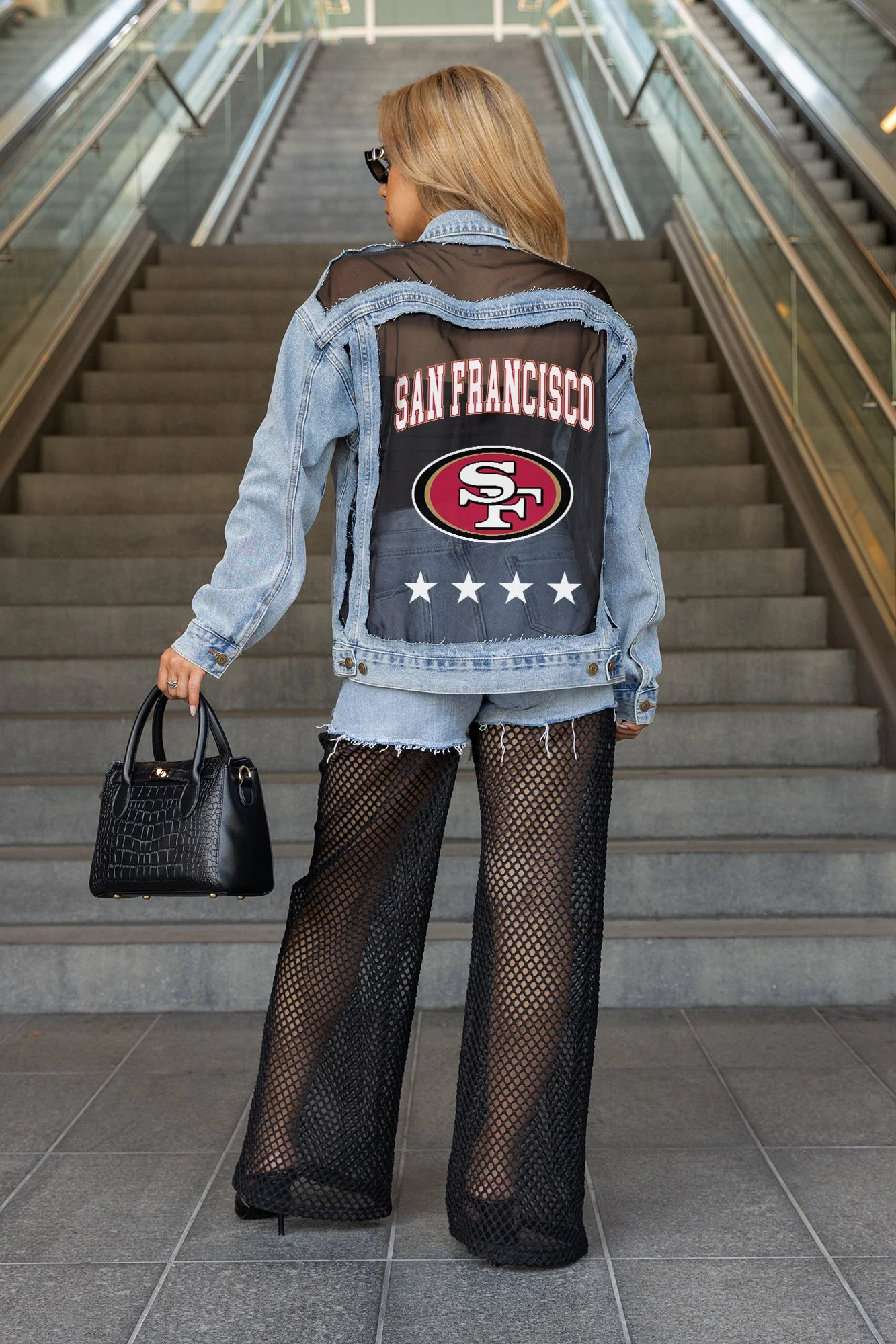 SAN FRANCISCO 49ERS RULE BREAKER DISTRESSED MESH DENIM JACKET