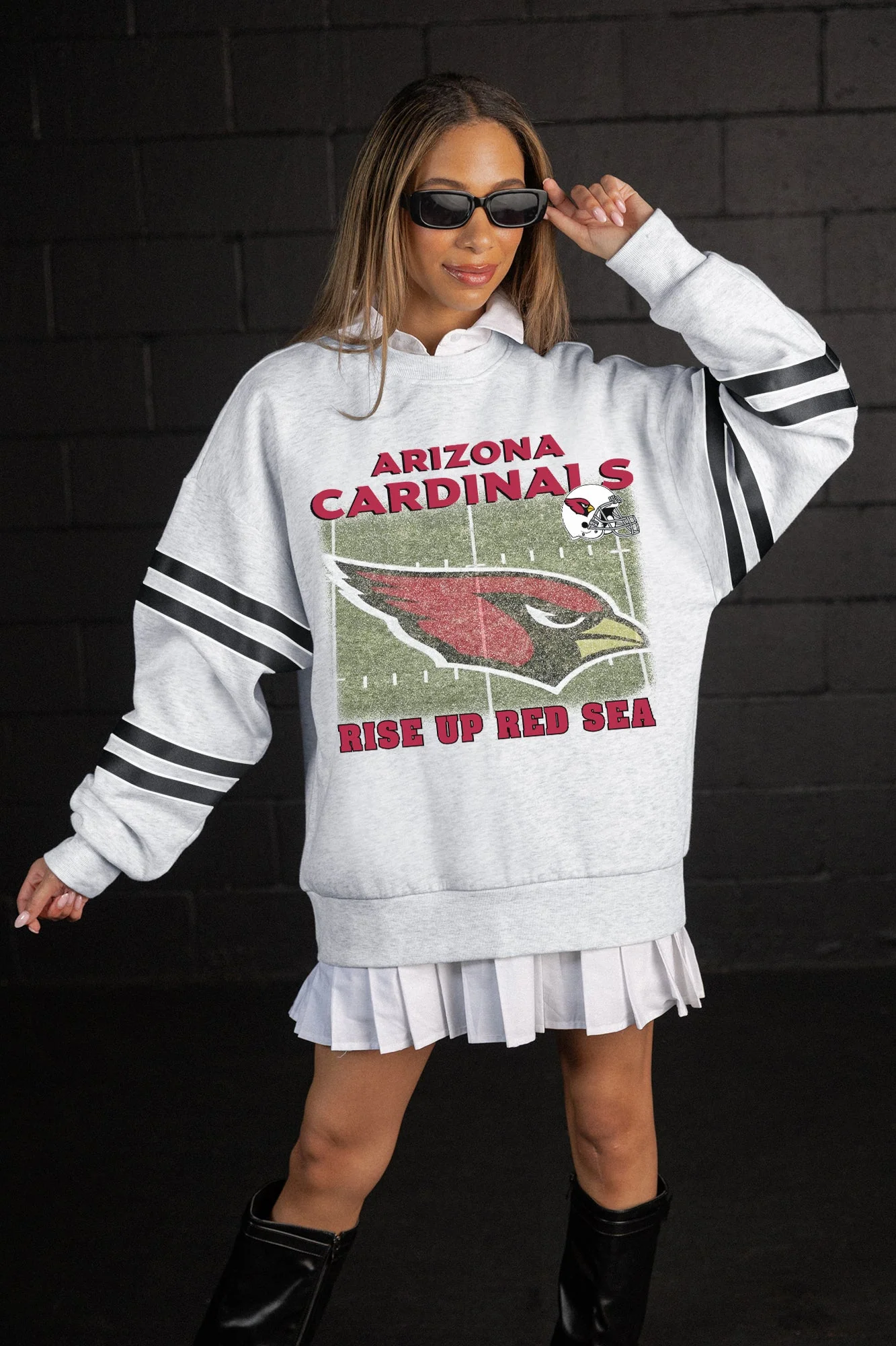 ARIZONA CARDINALS OFF THE GRID STRIPE SLEEVE CREWNECK SWEATSHIRT