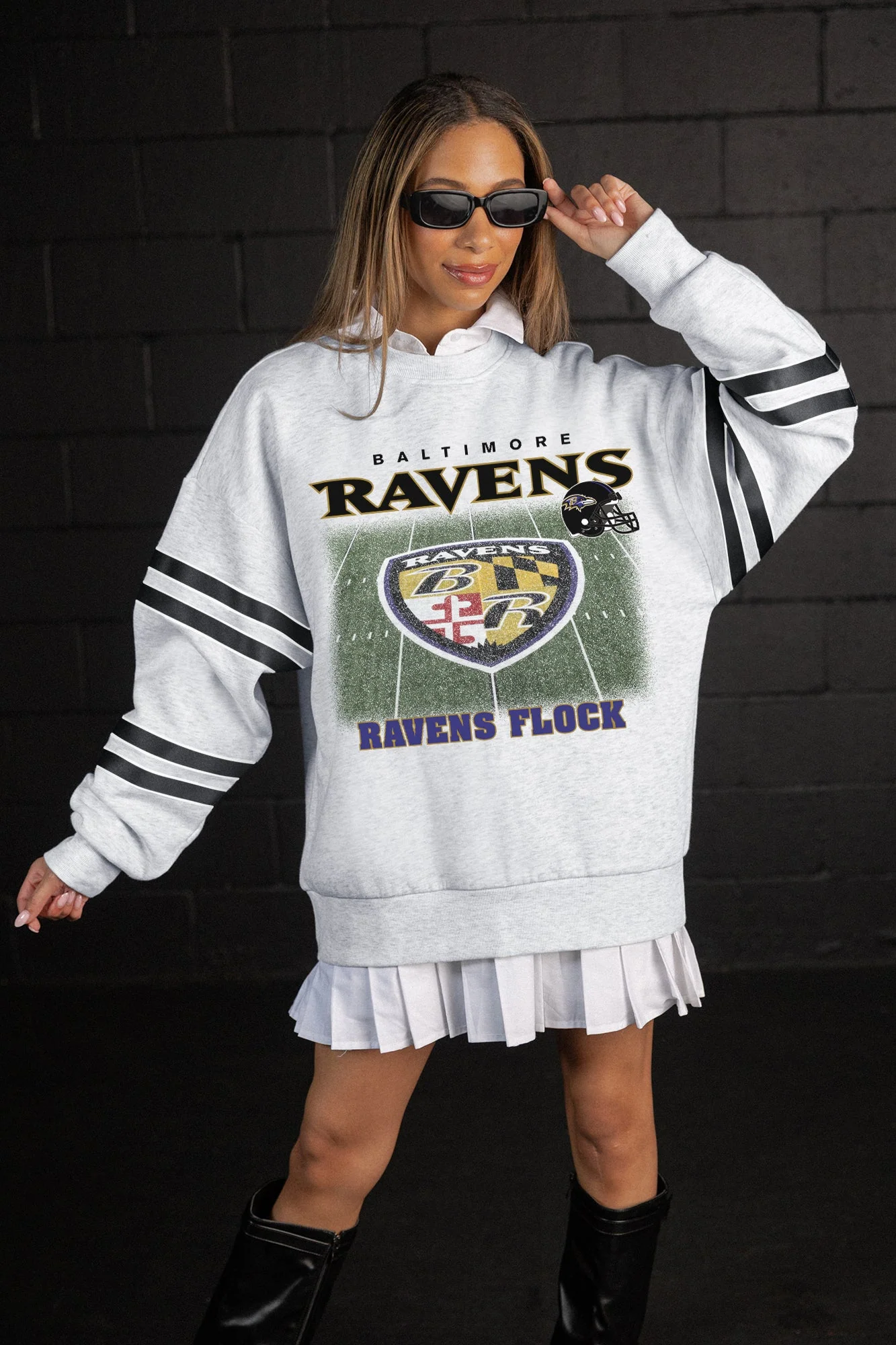BALTIMORE RAVENS OFF THE GRID STRIPE SLEEVE CREWNECK SWEATSHIRT 1 BALTIMORE RAVENS OFF THE GRID STRIPE SLEEVE CREWNECK SWEATSHIRT