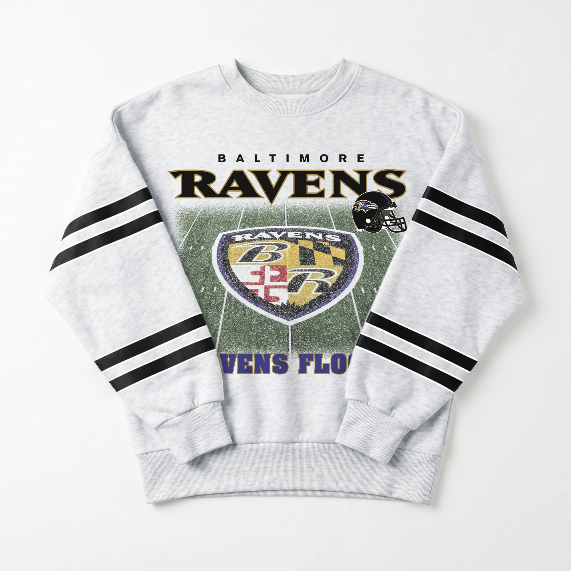 BALTIMORE RAVENS OFF THE GRID STRIPE SLEEVE CREWNECK SWEATSHIRT 10 BALTIMORE RAVENS OFF THE GRID STRIPE SLEEVE CREWNECK SWEATSHIRT