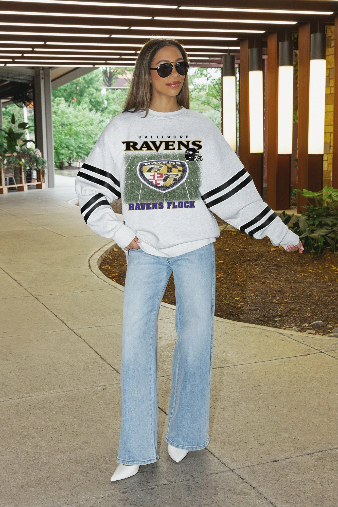 BALTIMORE RAVENS OFF THE GRID STRIPE SLEEVE CREWNECK SWEATSHIRT 3 BALTIMORE RAVENS OFF THE GRID STRIPE SLEEVE CREWNECK SWEATSHIRT