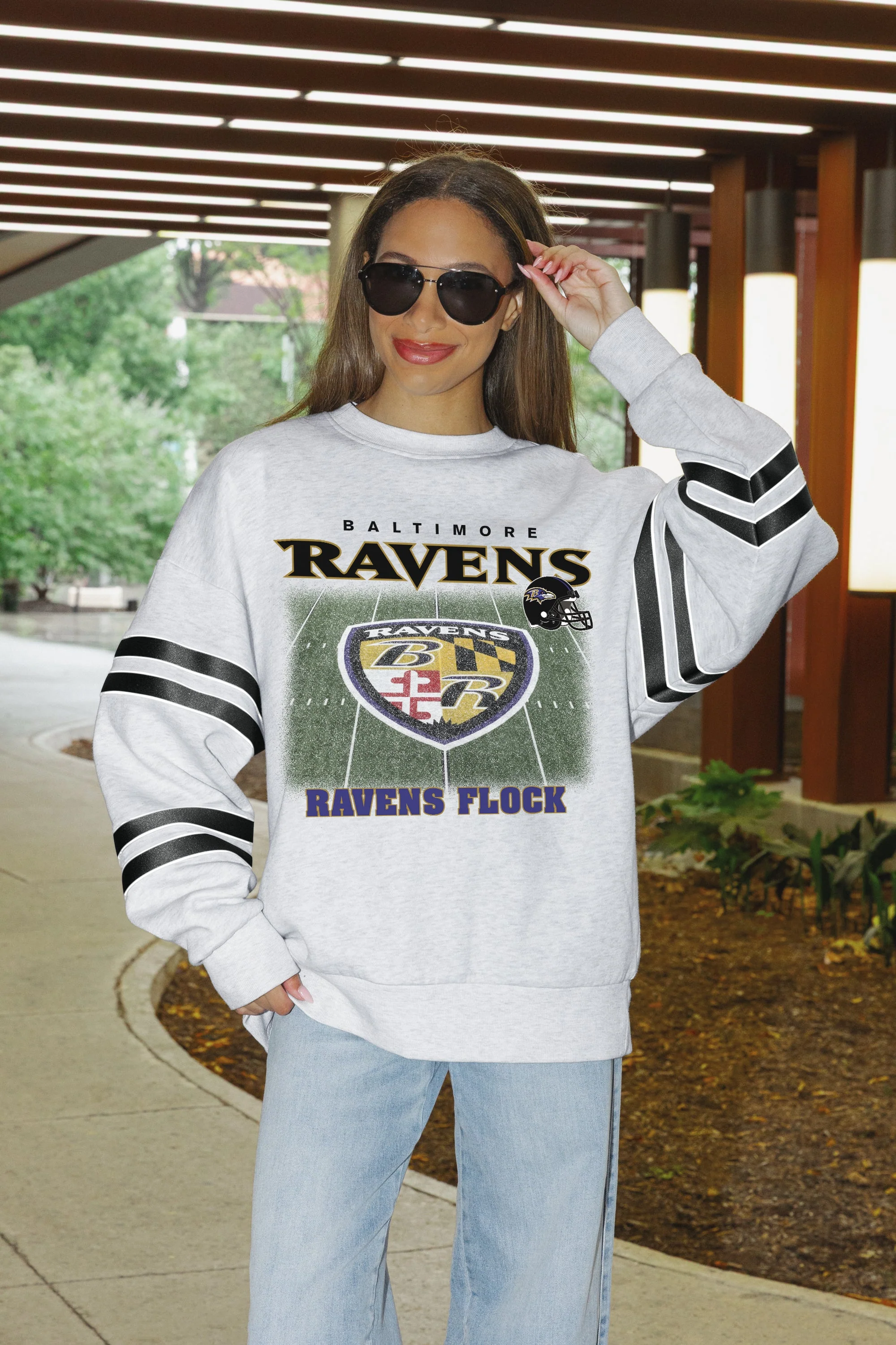 BALTIMORE RAVENS OFF THE GRID STRIPE SLEEVE CREWNECK SWEATSHIRT 4 BALTIMORE RAVENS OFF THE GRID STRIPE SLEEVE CREWNECK SWEATSHIRT