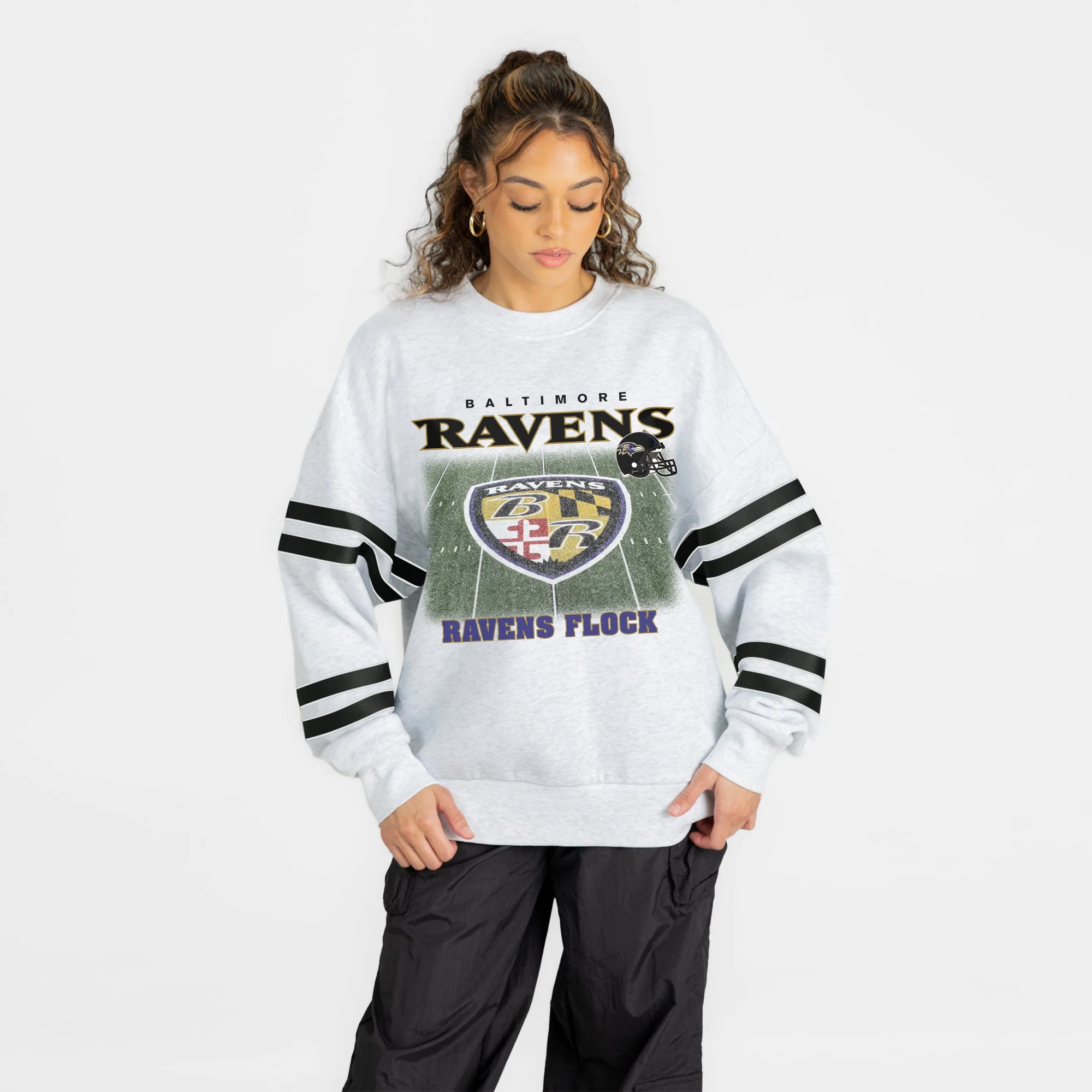 BALTIMORE RAVENS OFF THE GRID STRIPE SLEEVE CREWNECK SWEATSHIRT 5 BALTIMORE RAVENS OFF THE GRID STRIPE SLEEVE CREWNECK SWEATSHIRT