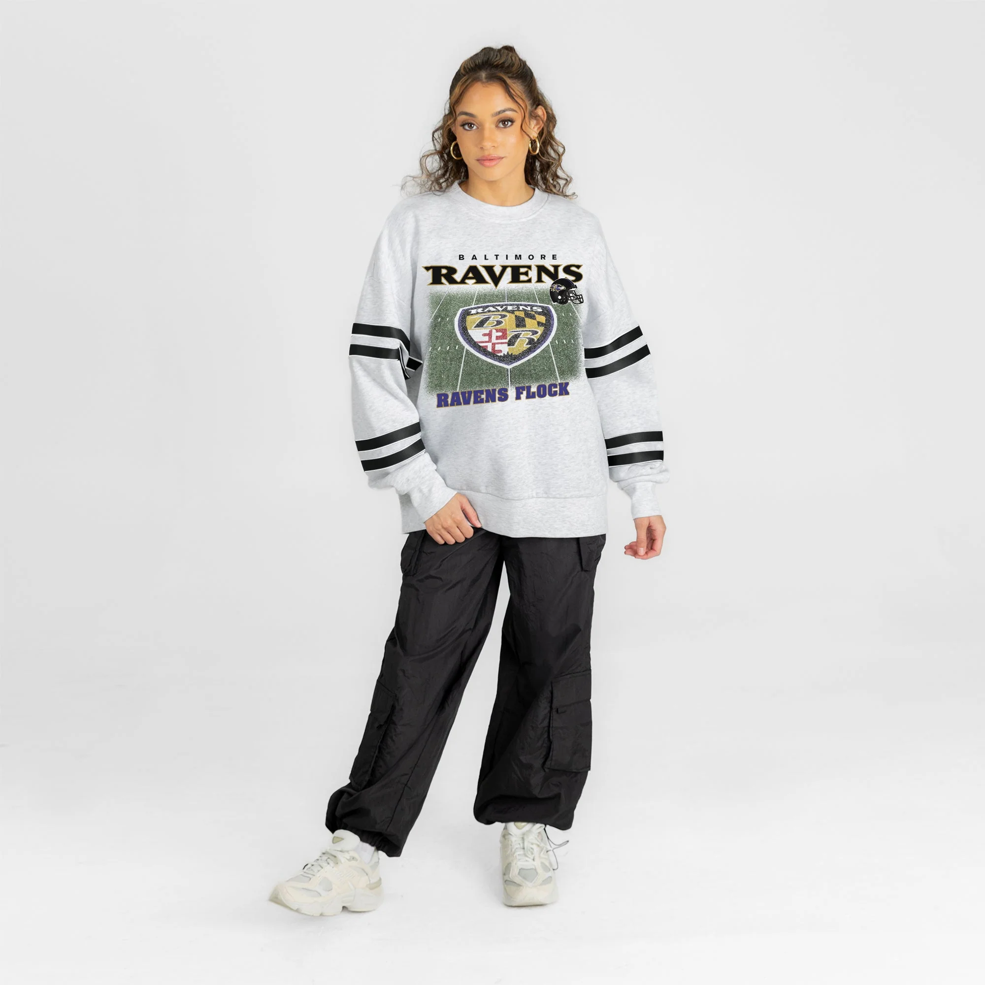 BALTIMORE RAVENS OFF THE GRID STRIPE SLEEVE CREWNECK SWEATSHIRT 7 BALTIMORE RAVENS OFF THE GRID STRIPE SLEEVE CREWNECK SWEATSHIRT