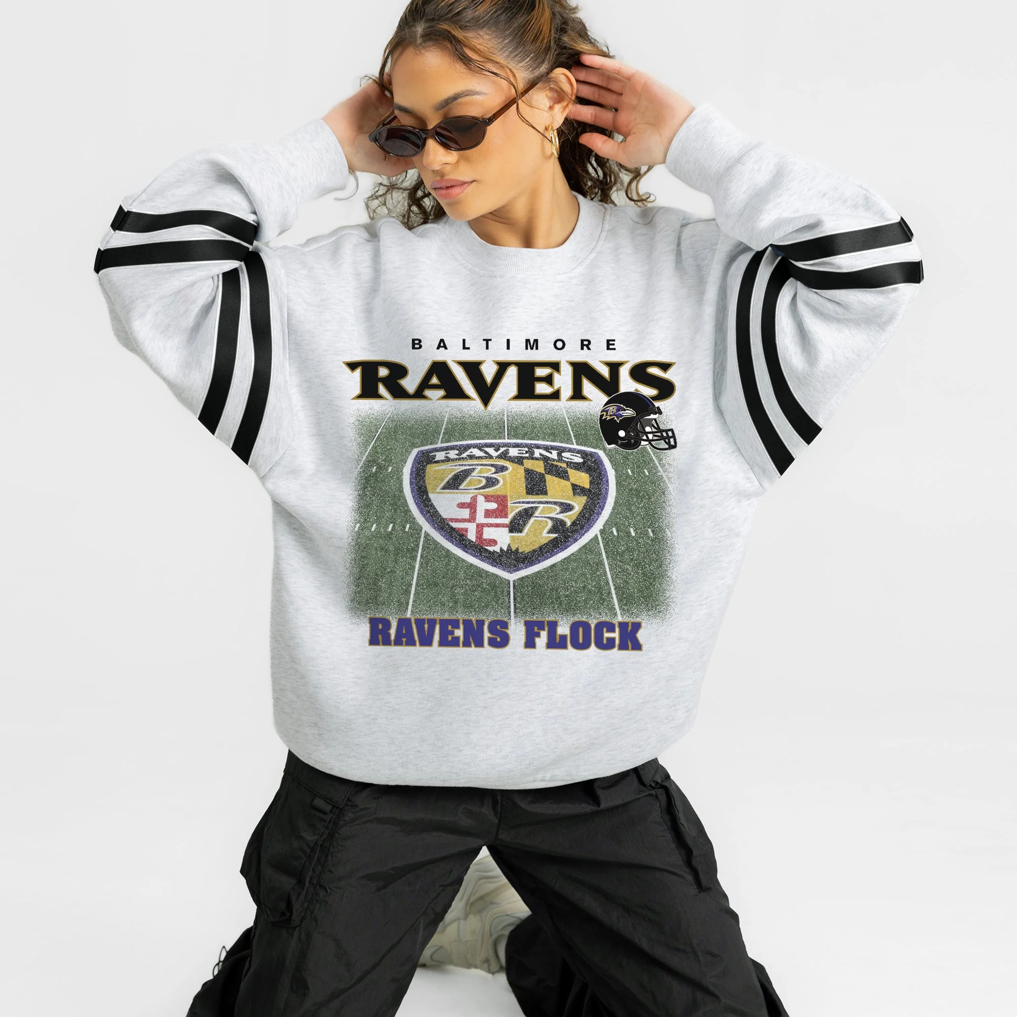 BALTIMORE RAVENS OFF THE GRID STRIPE SLEEVE CREWNECK SWEATSHIRT 8 BALTIMORE RAVENS OFF THE GRID STRIPE SLEEVE CREWNECK SWEATSHIRT