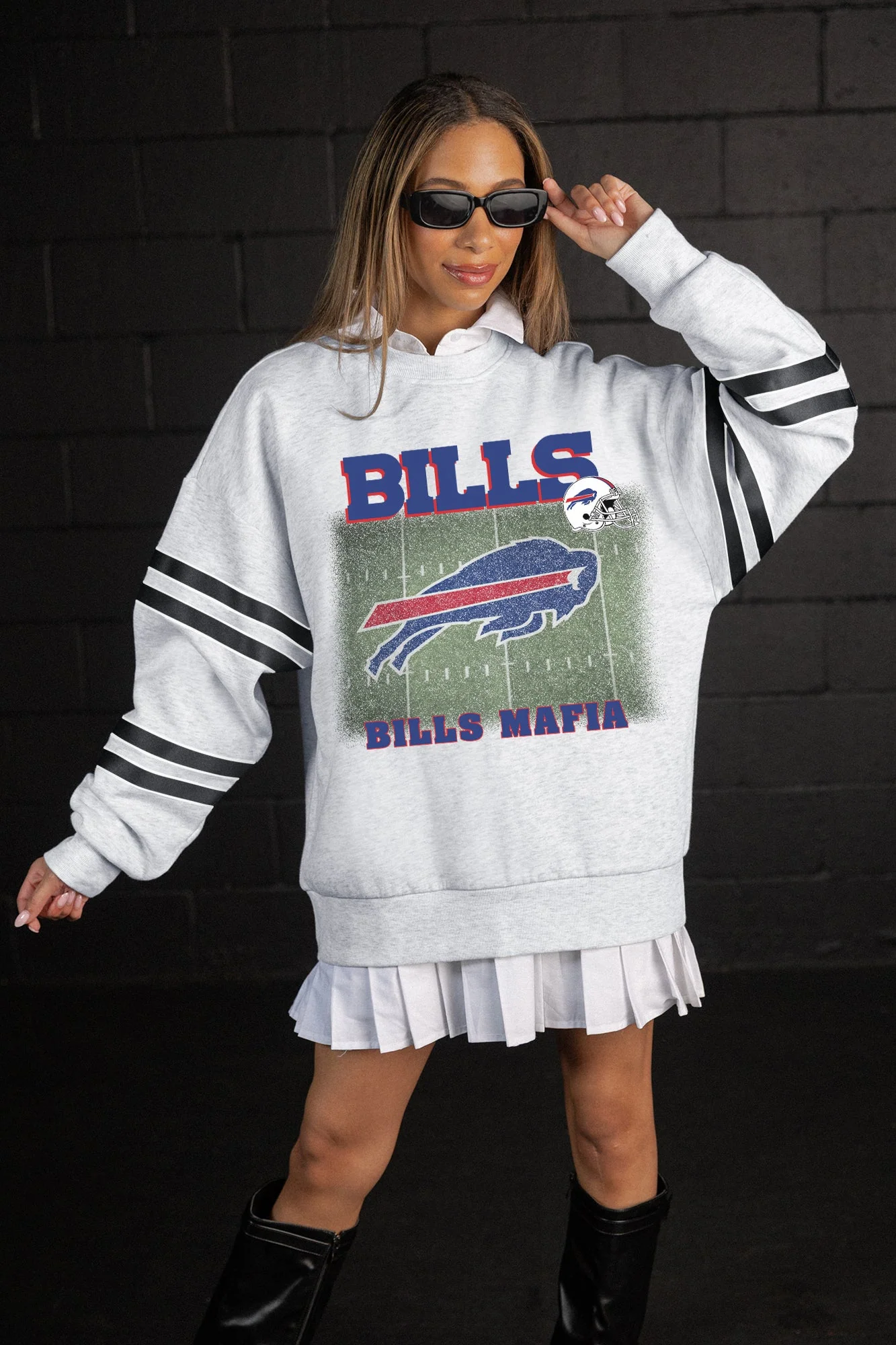 BUFFALO BILLS OFF THE GRID STRIPE SLEEVE CREWNECK SWEATSHIRT