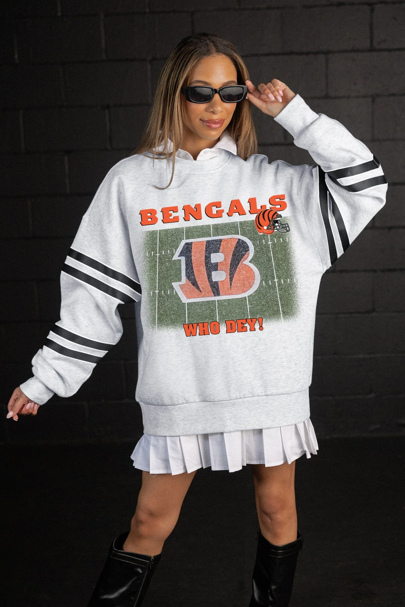 CINCINNATI BENGALS OFF THE GRID STRIPE SLEEVE CREWNECK SWEATSHIRT 1 CINCINNATI BENGALS OFF THE GRID STRIPE SLEEVE CREWNECK SWEATSHIRT