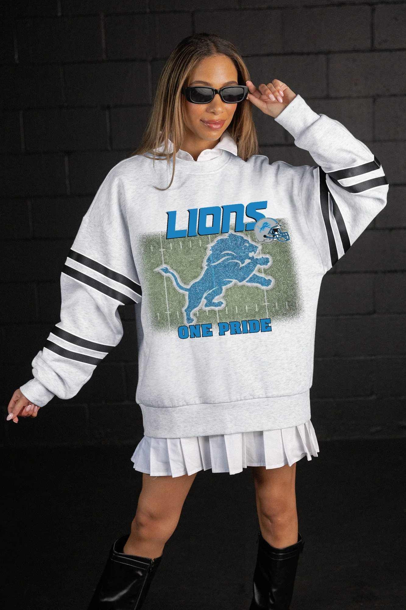 DETROIT LIONS OFF THE GRID STRIPE SLEEVE CREWNECK SWEATSHIRT