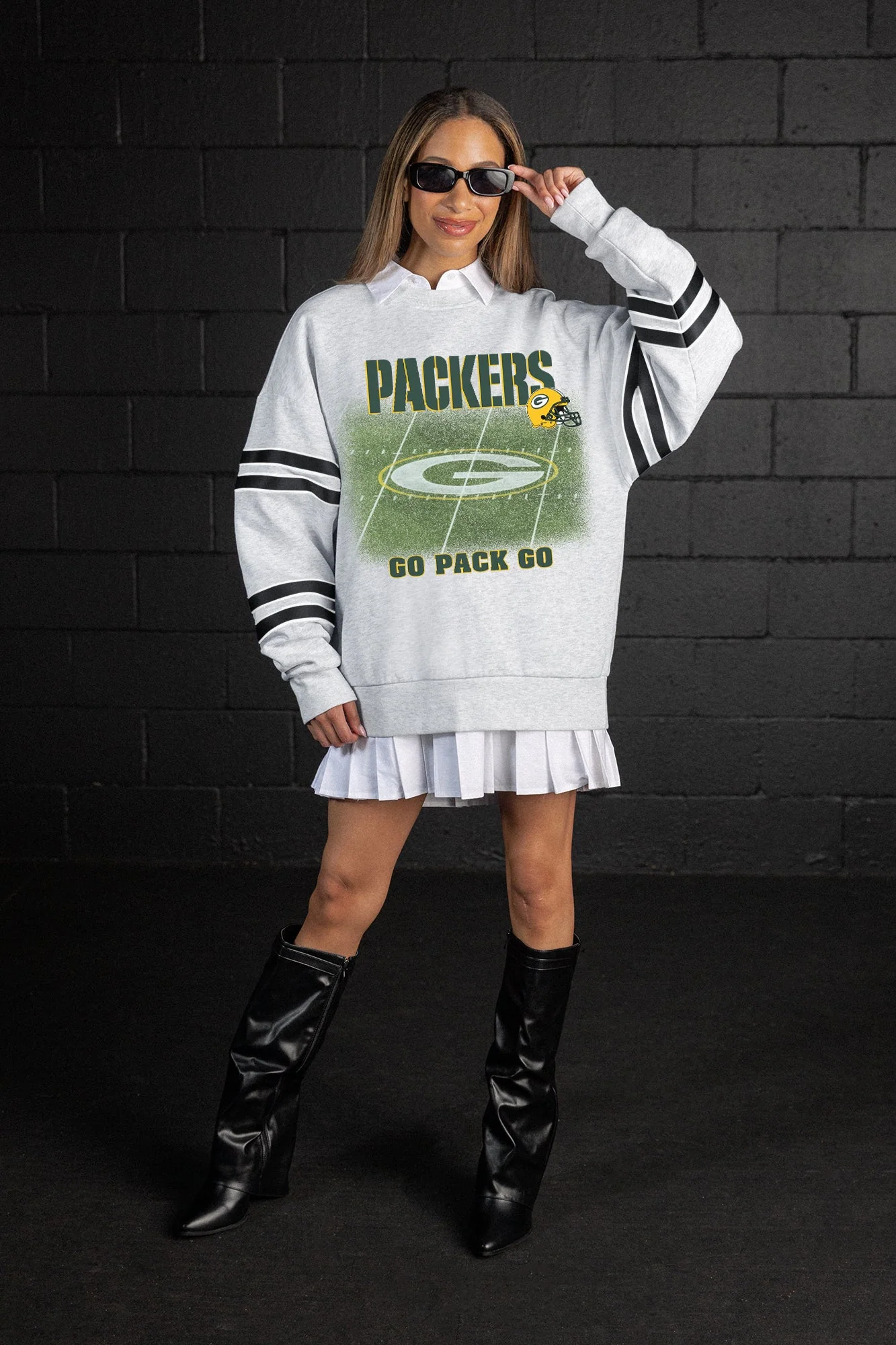 GREEN BAY PACKERS OFF THE GRID STRIPE SLEEVE CREWNECK SWEATSHIRT