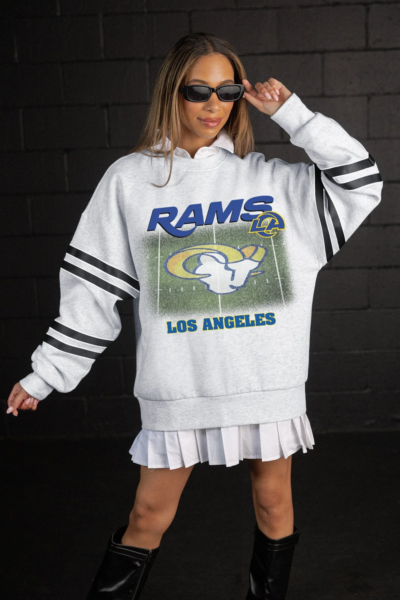 LOS ANGELES RAMS OFF THE GRID STRIPE SLEEVE CREWNECK SWEATSHIRT 1 LOS ANGELES RAMS OFF THE GRID STRIPE SLEEVE CREWNECK SWEATSHIRT