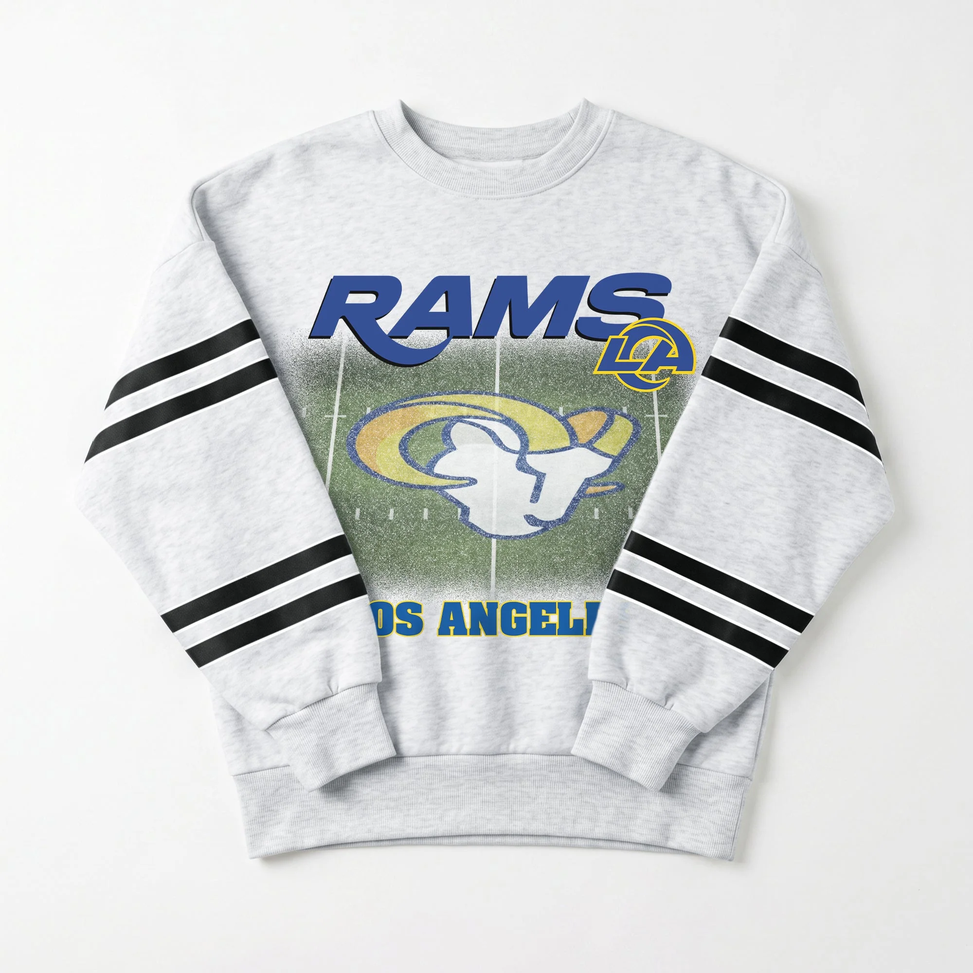 LOS ANGELES RAMS OFF THE GRID STRIPE SLEEVE CREWNECK SWEATSHIRT 10 LOS ANGELES RAMS OFF THE GRID STRIPE SLEEVE CREWNECK SWEATSHIRT
