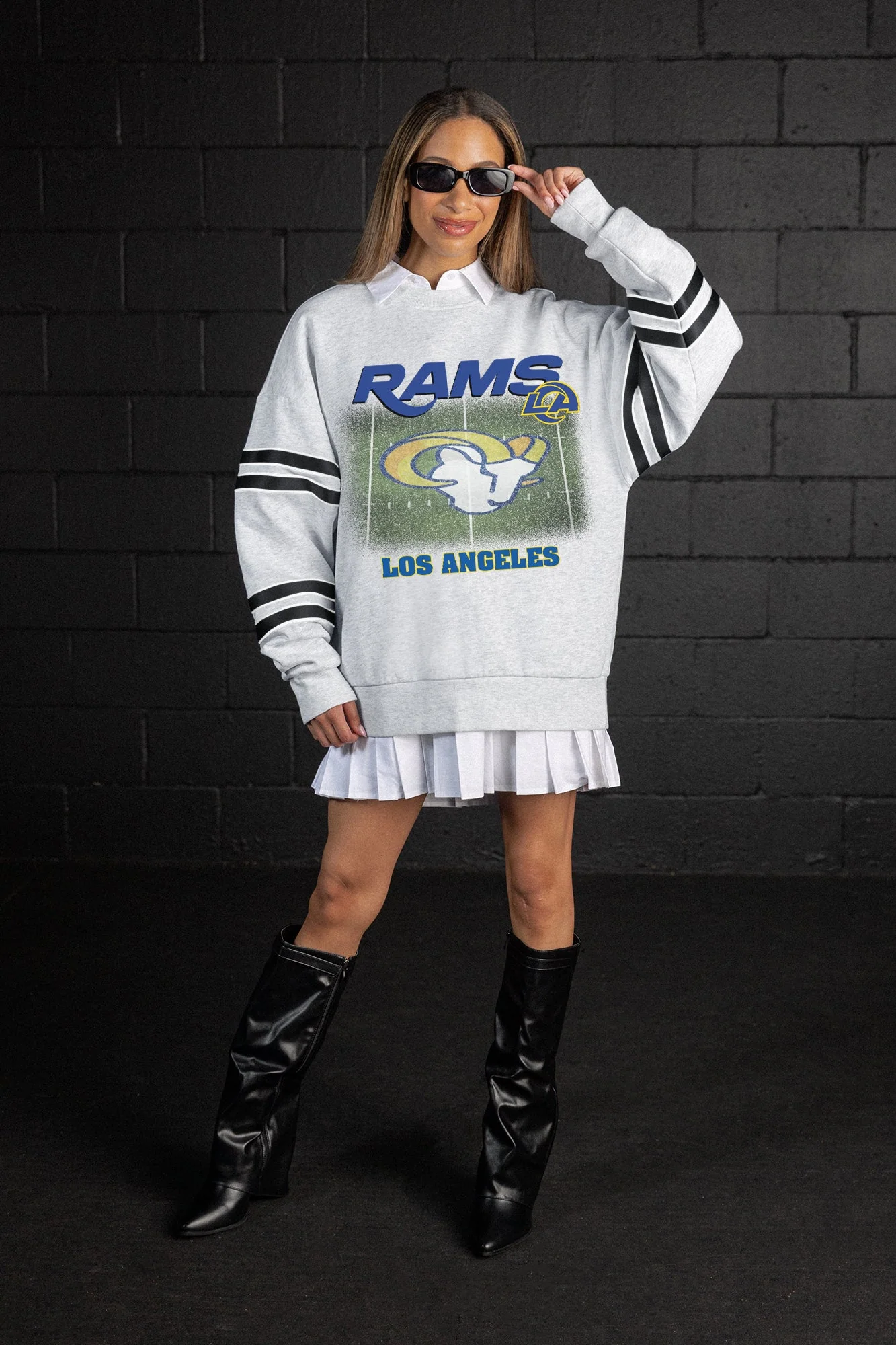 LOS ANGELES RAMS OFF THE GRID STRIPE SLEEVE CREWNECK SWEATSHIRT 2 LOS ANGELES RAMS OFF THE GRID STRIPE SLEEVE CREWNECK SWEATSHIRT