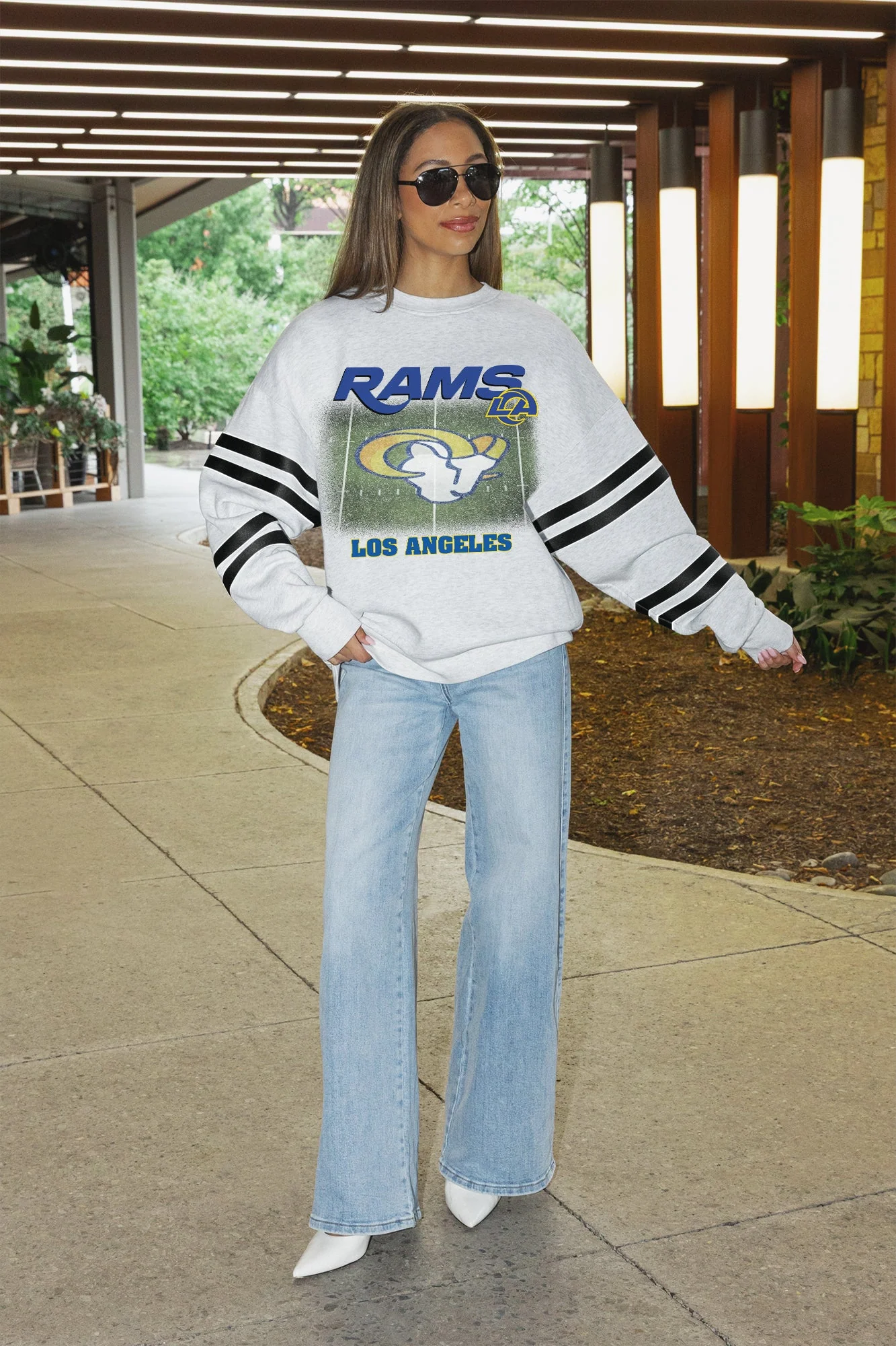 LOS ANGELES RAMS OFF THE GRID STRIPE SLEEVE CREWNECK SWEATSHIRT 3 LOS ANGELES RAMS OFF THE GRID STRIPE SLEEVE CREWNECK SWEATSHIRT