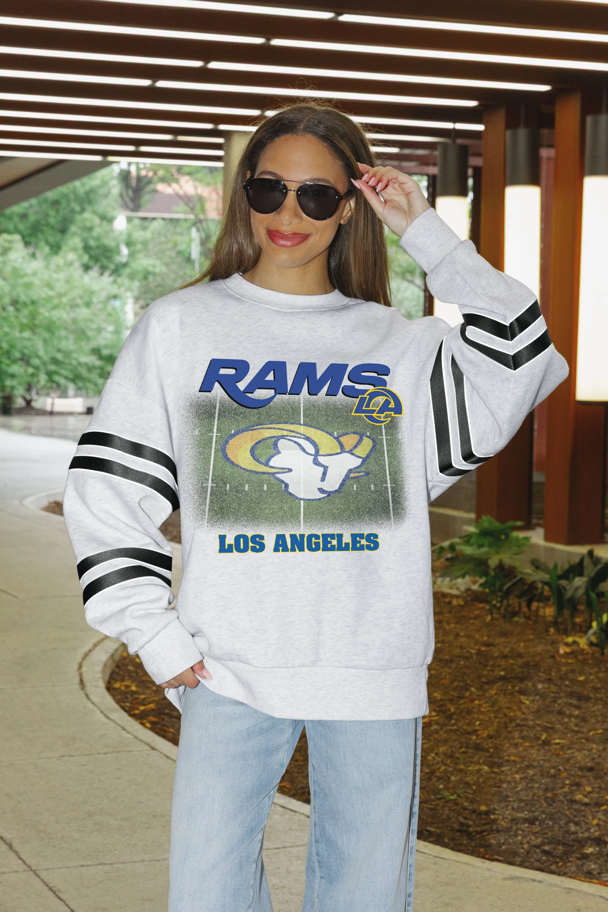 LOS ANGELES RAMS OFF THE GRID STRIPE SLEEVE CREWNECK SWEATSHIRT 4 LOS ANGELES RAMS OFF THE GRID STRIPE SLEEVE CREWNECK SWEATSHIRT