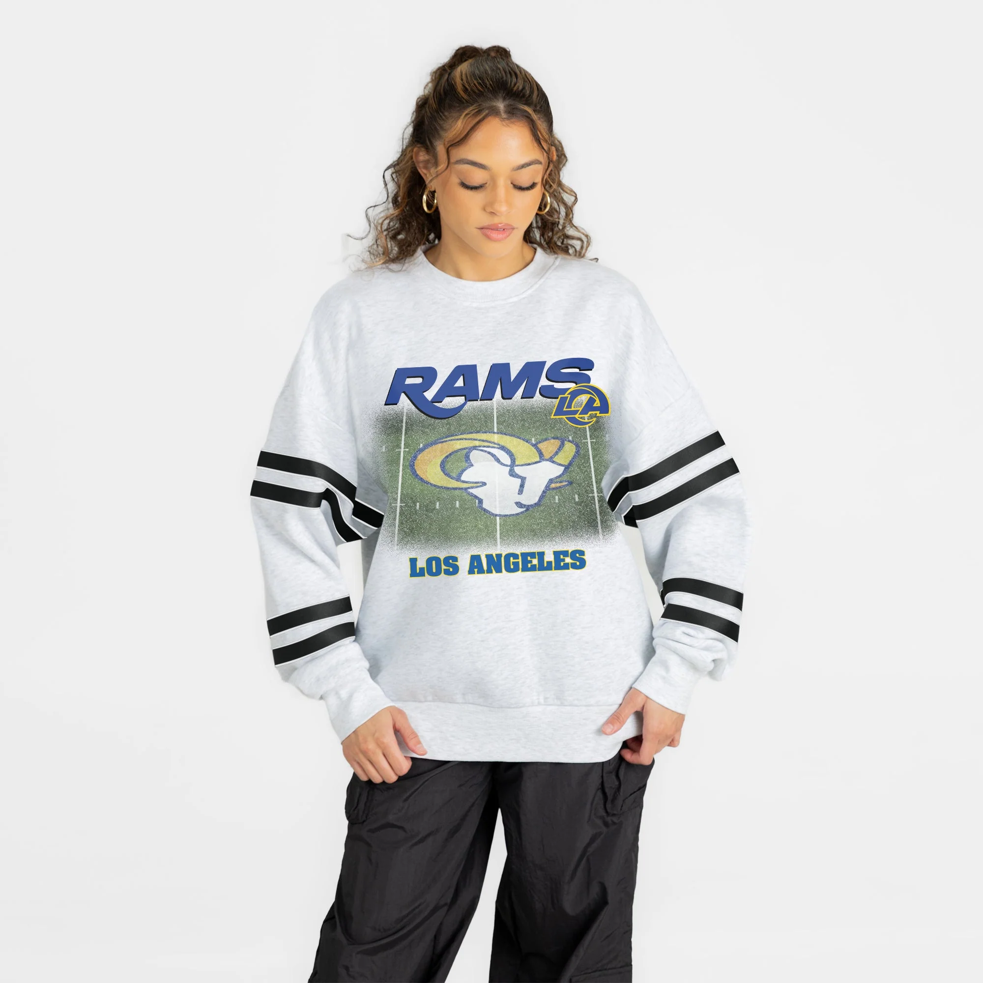 LOS ANGELES RAMS OFF THE GRID STRIPE SLEEVE CREWNECK SWEATSHIRT 5 LOS ANGELES RAMS OFF THE GRID STRIPE SLEEVE CREWNECK SWEATSHIRT