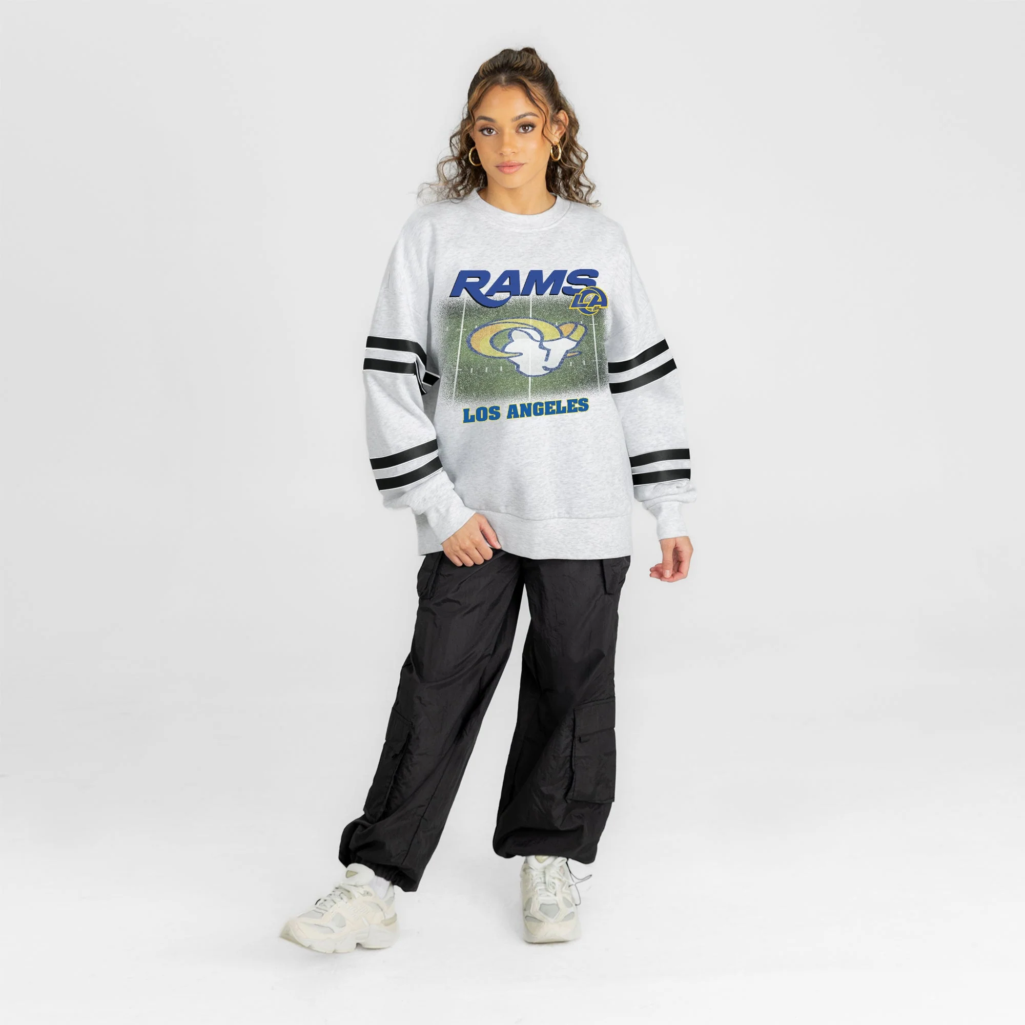 LOS ANGELES RAMS OFF THE GRID STRIPE SLEEVE CREWNECK SWEATSHIRT 7 LOS ANGELES RAMS OFF THE GRID STRIPE SLEEVE CREWNECK SWEATSHIRT