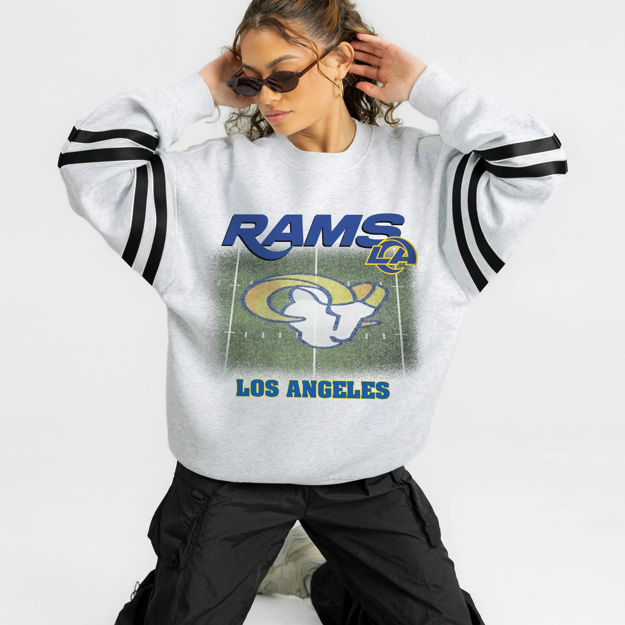 LOS ANGELES RAMS OFF THE GRID STRIPE SLEEVE CREWNECK SWEATSHIRT 8 LOS ANGELES RAMS OFF THE GRID STRIPE SLEEVE CREWNECK SWEATSHIRT