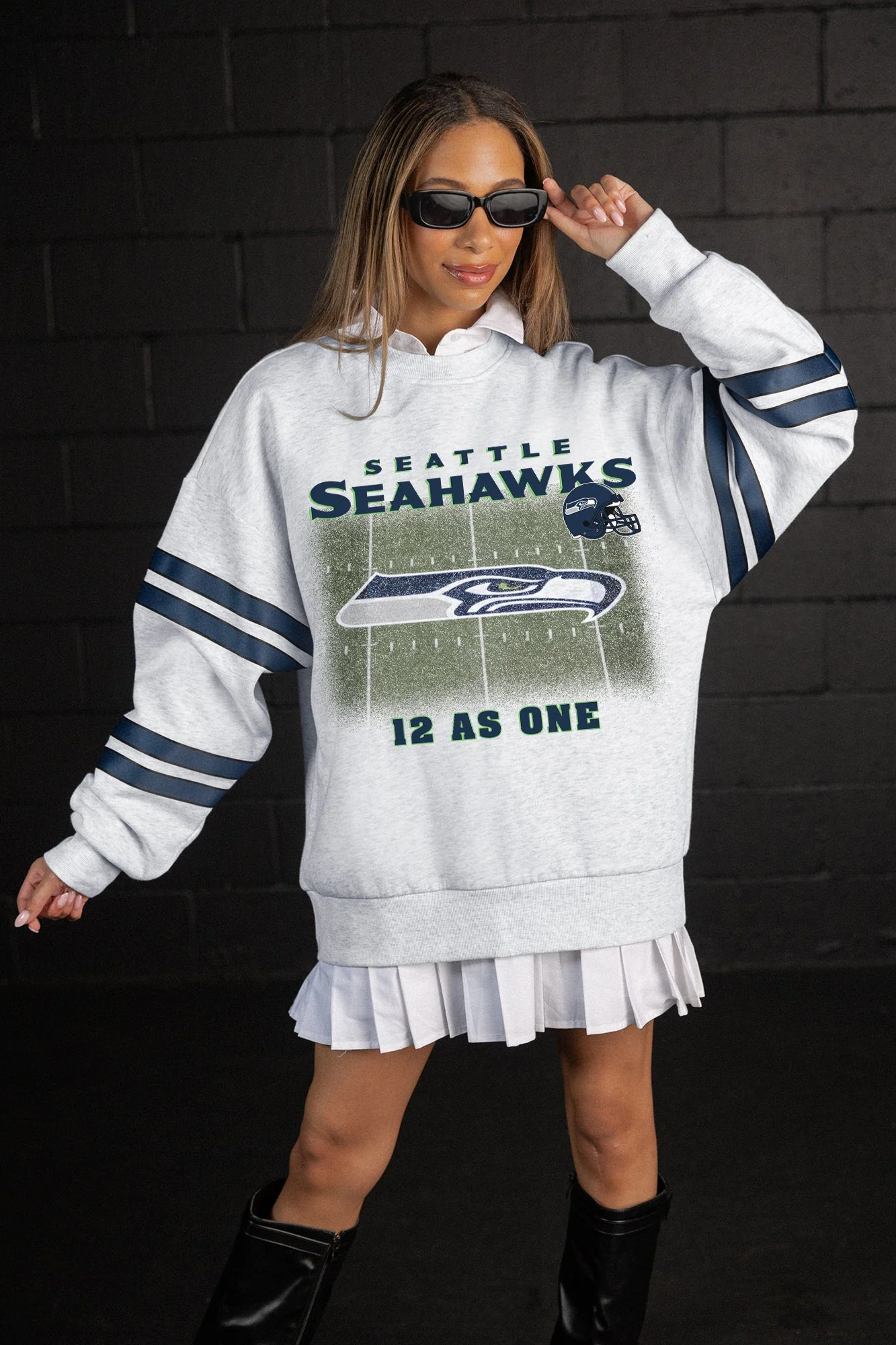 SEATTLE SEAHAWKS OFF THE GRID STRIPE SLEEVE CREWNECK SWEATSHIRT